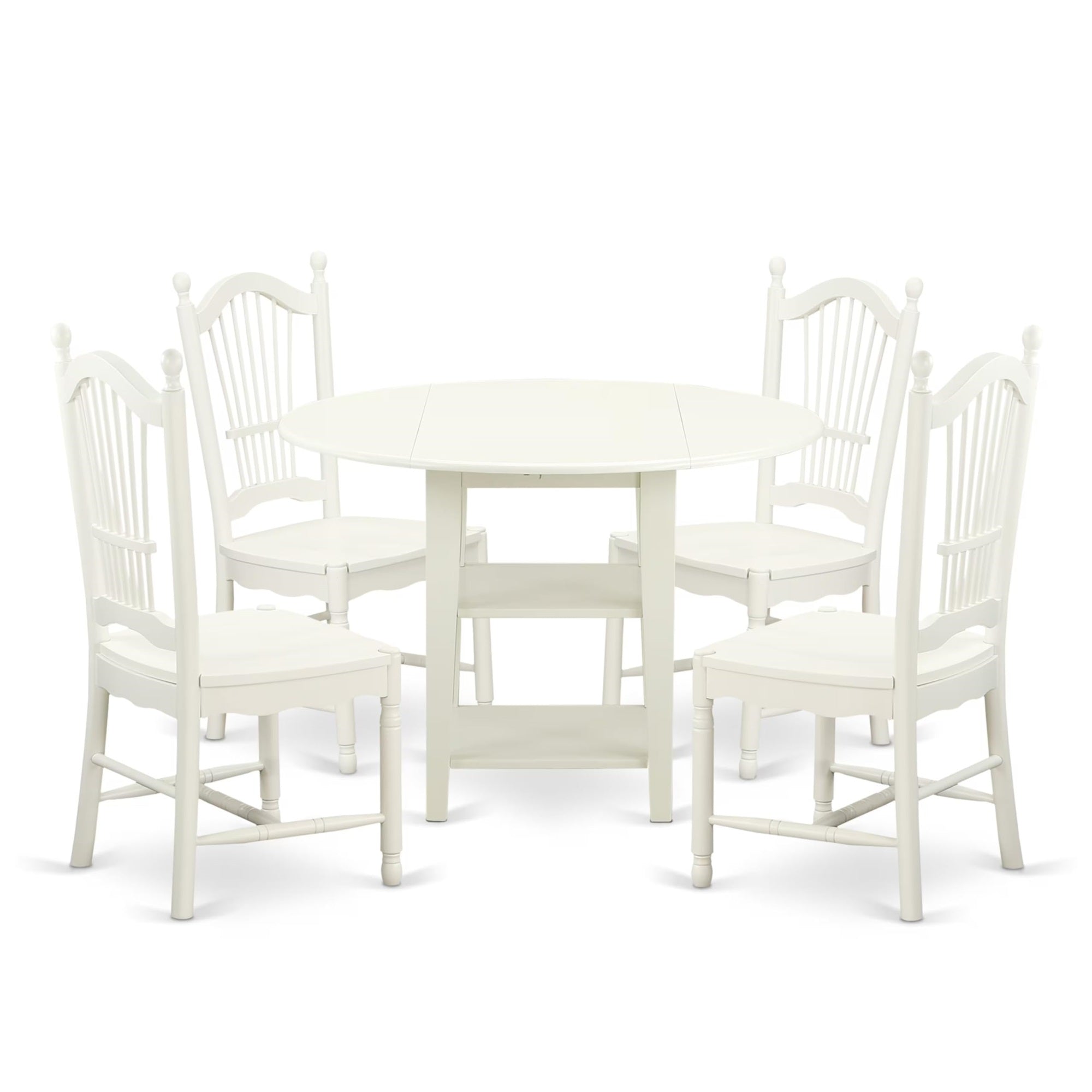Casafoyer Sudo5-Lwh-W 5 Piece Dining Room Furniture Set Includes A Round Kitchen Table With Dropleaf & Shelves And 4 Dining Chairs, 42X42 Inch, Linen White