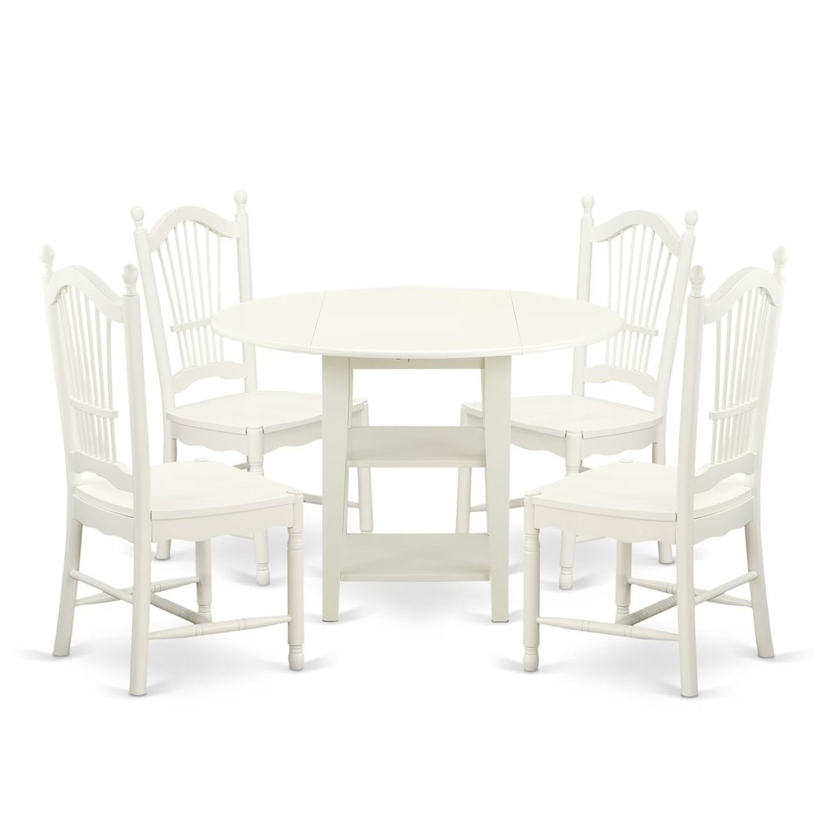 Casafoyer Sudo5-Lwh-W 5 Piece Dining Room Furniture Set Includes A Round Kitchen Table With Dropleaf & Shelves And 4 Dining Chairs, 42X42 Inch, Linen White