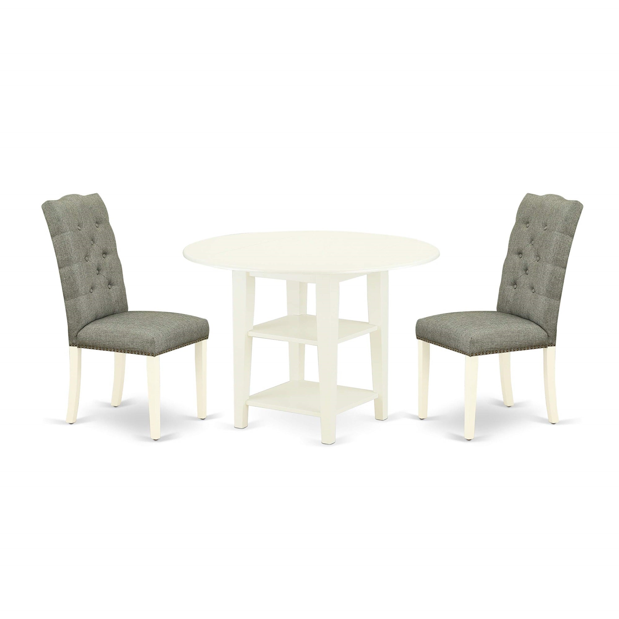 East West Furniture Suel3-Lwh-07 3 Piece Dining Room Table Set Contains A Round Kitchen Table With Dropleaf & Shelves And 2 Gray Linen Fabric Parson Dining Chairs, 42X42 Inch, Linen White