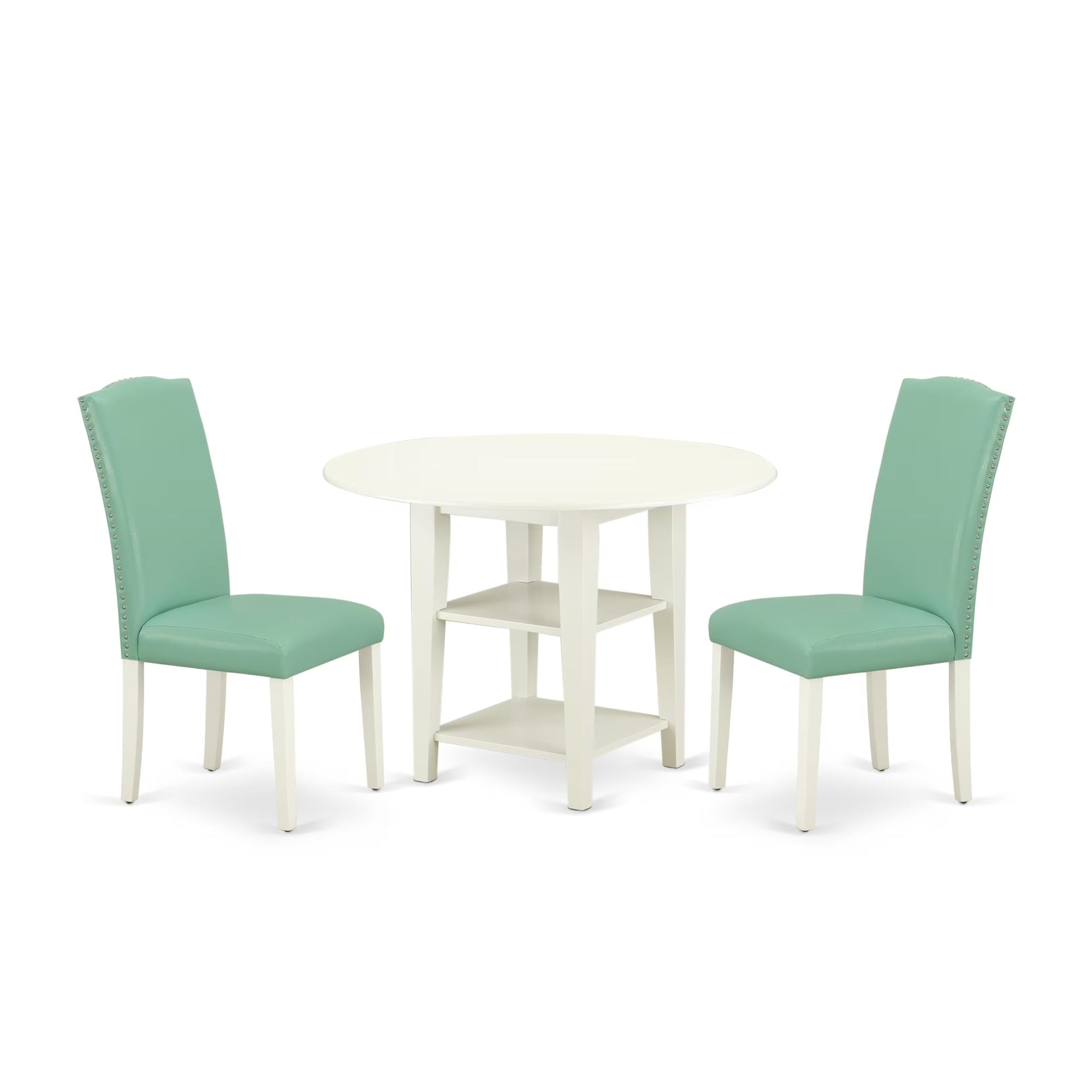 Casafoyer Suen3-Lwh-57 3 Piece Dining Set Contains A Round Dining Room Table With Dropleaf & Shelves And 2 Pond Faux Leather Upholstered Chairs, 42X42 Inch, Linen White