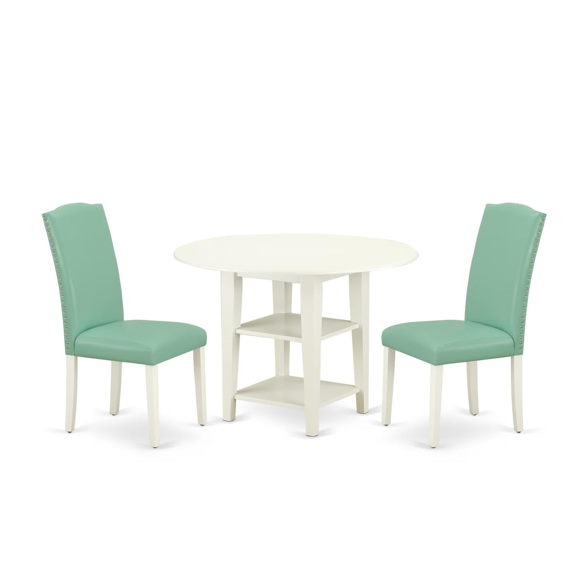 Casafoyer Suen3-Lwh-57 3 Piece Dining Set Contains A Round Dining Room Table With Dropleaf & Shelves And 2 Pond Faux Leather Upholstered Chairs, 42X42 Inch, Linen White