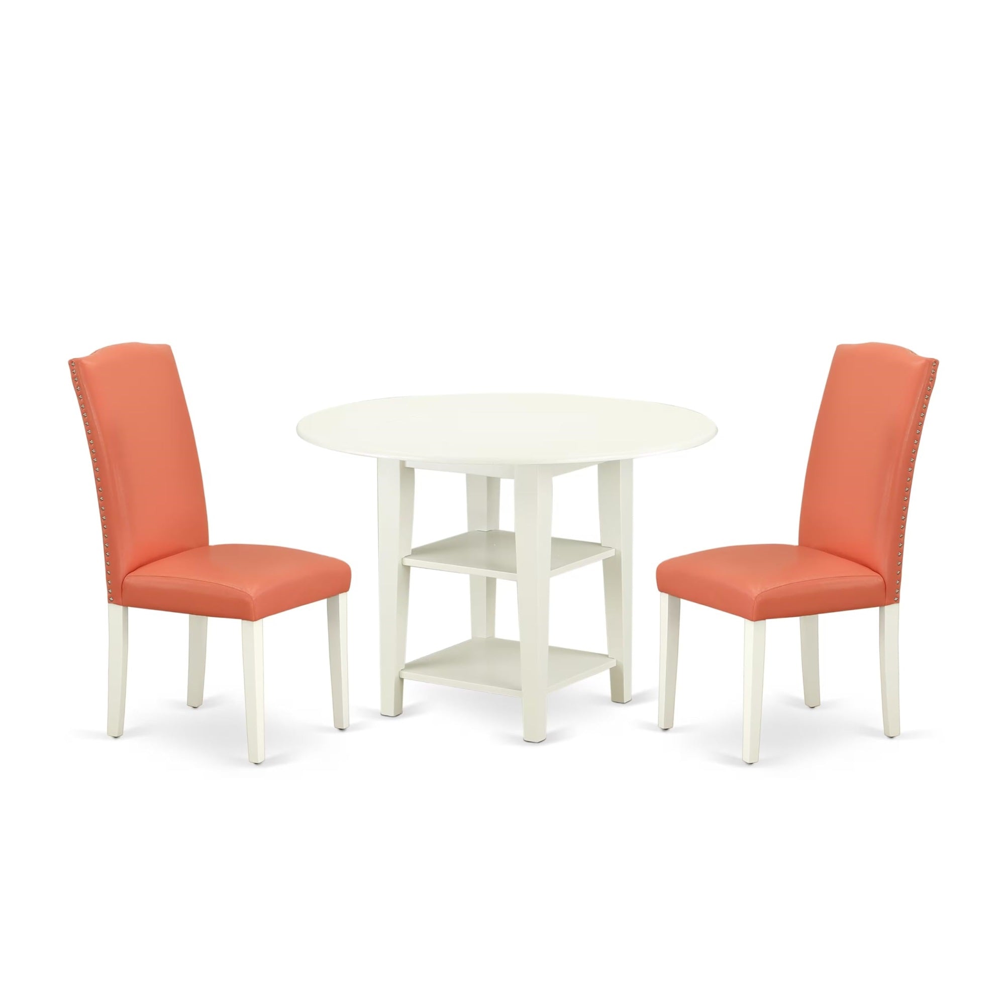 Casafoyer Suen3-Lwh-78 3 Piece Dining Table Set Contains A Round Dinner Table With Dropleaf & Shelves And 2 Pink Flamingo Faux Leather Upholstered Chairs, 42X42 Inch, Linen White