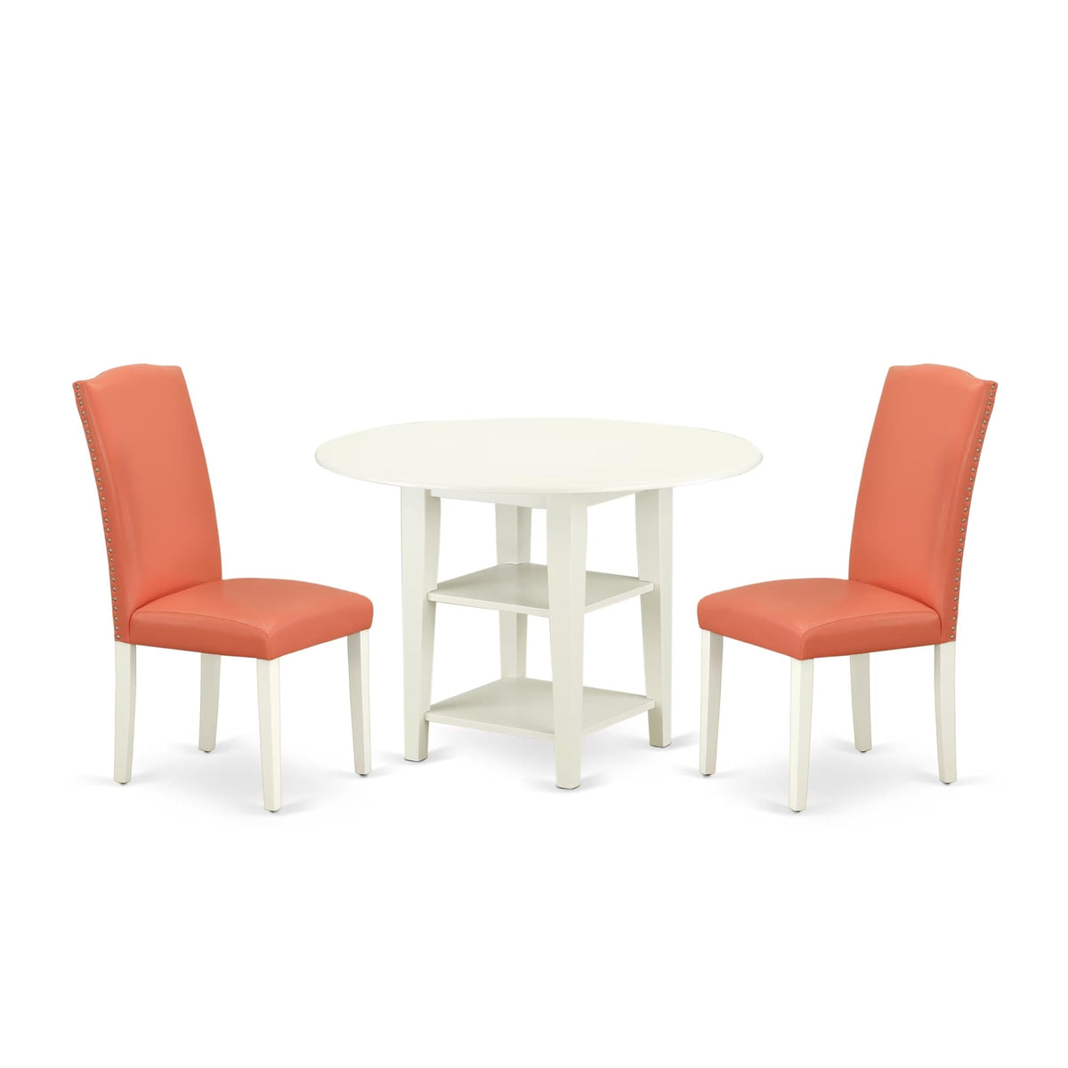 Casafoyer Suen3-Lwh-78 3 Piece Dining Table Set Contains A Round Dinner Table With Dropleaf & Shelves And 2 Pink Flamingo Faux Leather Upholstered Chairs, 42X42 Inch, Linen White