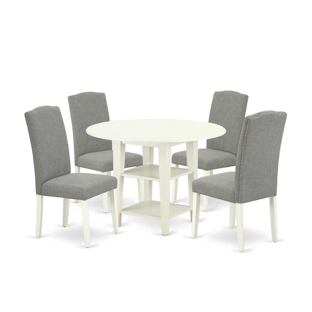 Casafoyer Suen5-Lwh-06 5 Piece Kitchen Table Set For 4 Includes A Round Dining Table With Dropleaf & Shelves And 4 Dark Shitake Linen Fabric Parsons Chairs, 42X42 Inch, Linen White