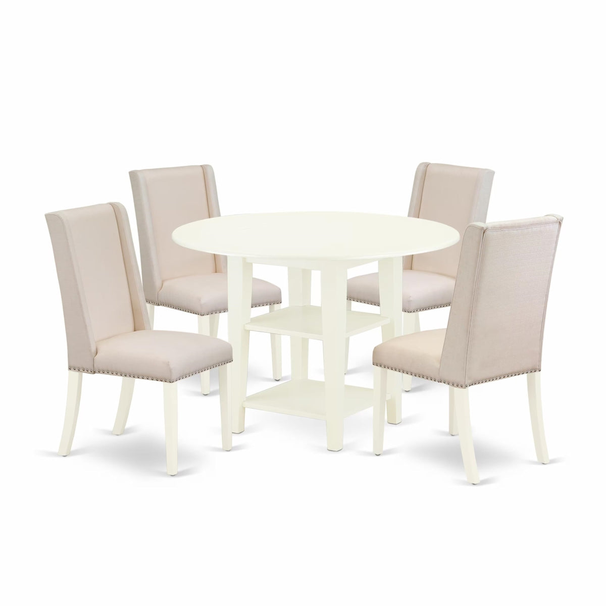 Casafoyer Sufl5-Lwh-01 5 Piece Dining Set Includes A Round Dining Room Table With Dropleaf & Shelves And 4 Cream Linen Fabric Upholstered Parson Chairs, 42X42 Inch, Linen White