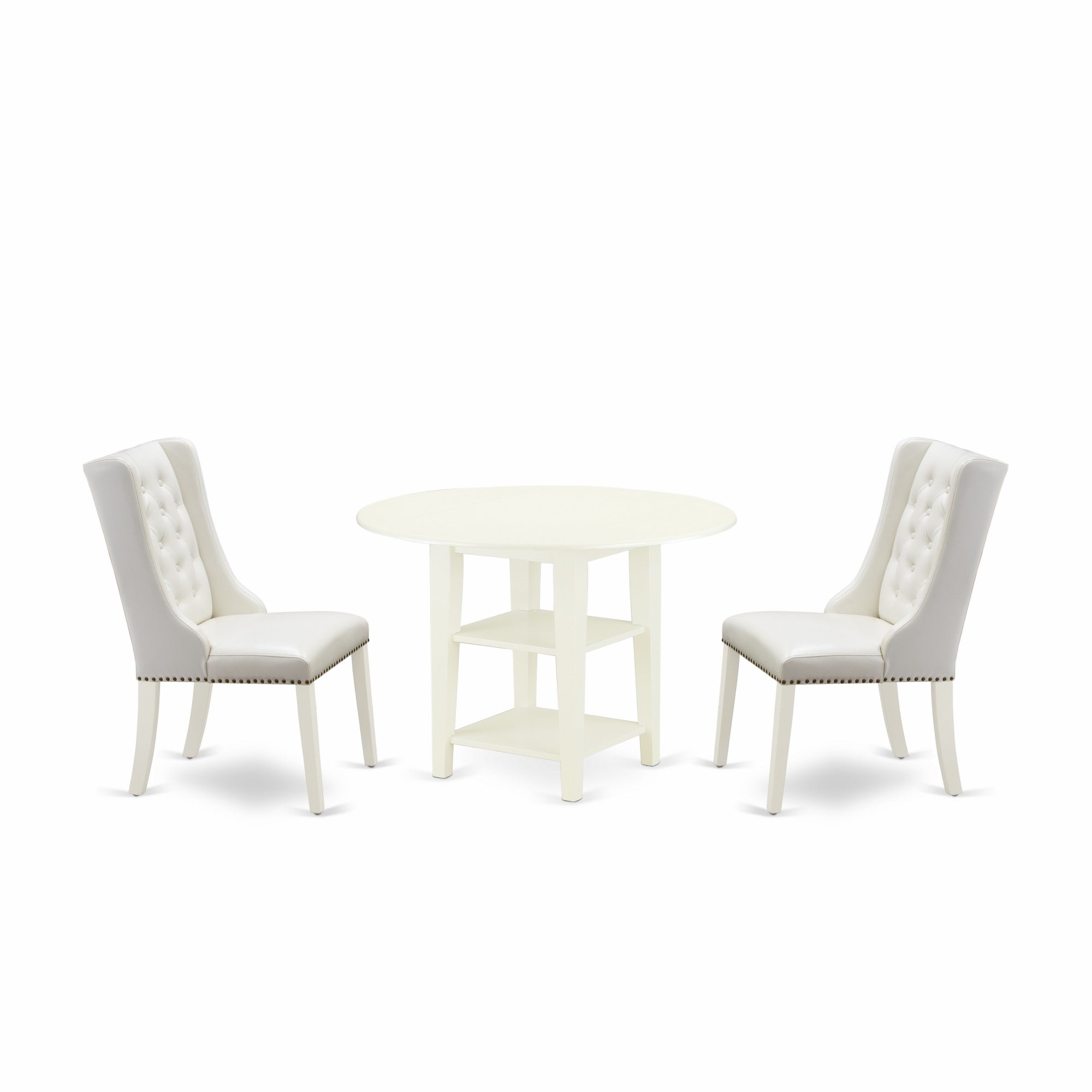 East West Furniture Sufo3-Lwh-44 3-Piece Kitchen Table Set Includes 1 Dining Table With Two Shelves - 2 Light Grey Linen Fabric Upholstered Dining Chairs With Button Tufted Back - Linen White Finish