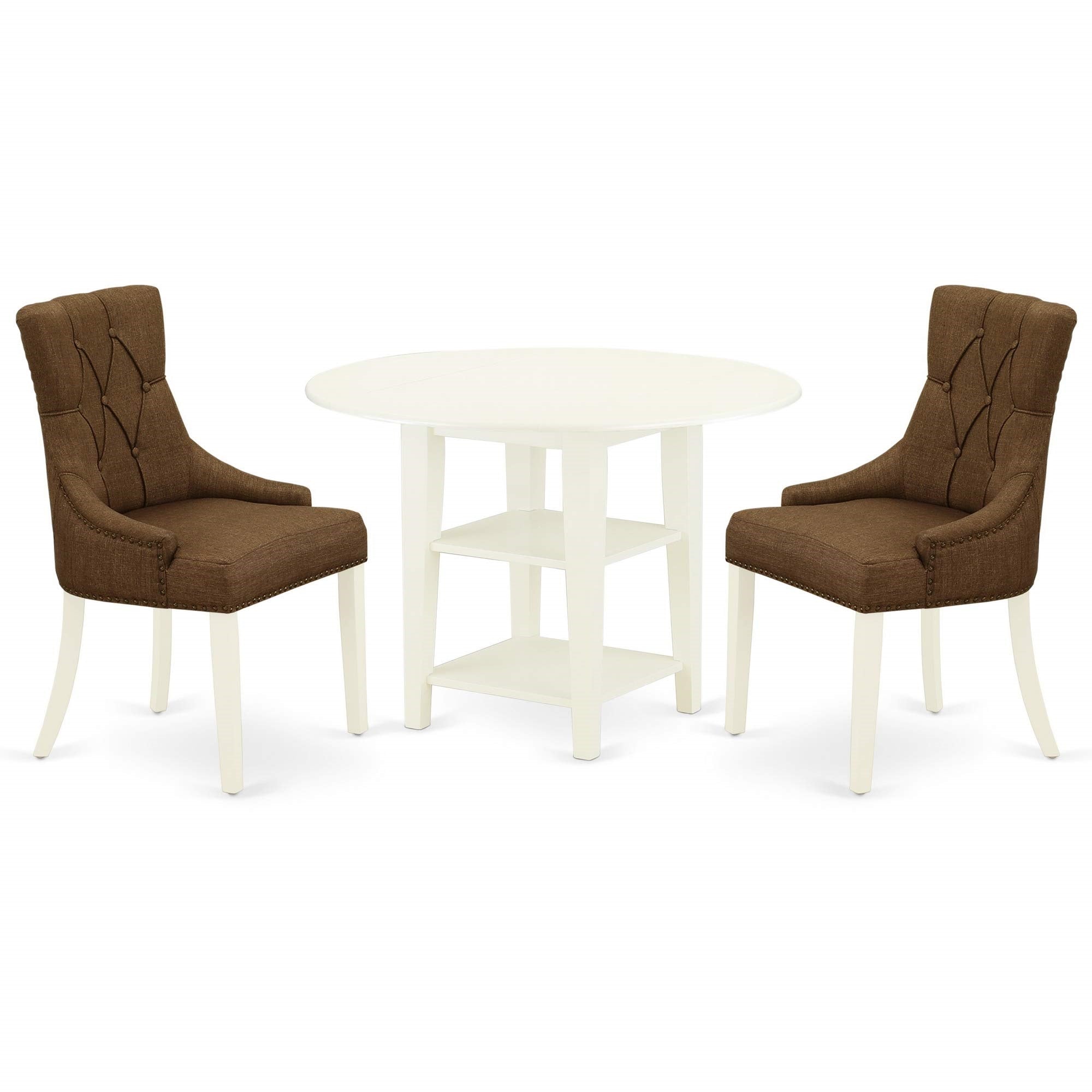 East West Furniture Sufr3-Lwh-18 3 Piece Small Dinette Set Contains A Round Dining Table With Dropleaf & Shelves And 2 Brown Linen Linen Fabric Parson Chairs, 42X42 Inch, Linen White