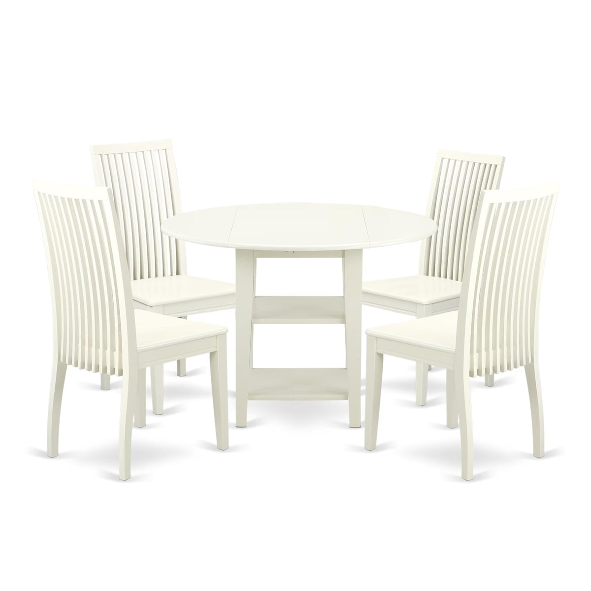 Casafoyer Suip5-Lwh-W Sudbury 5 Piece Dinette Set For 4 Includes A Round Table With Dropleaf & Shelves And 4 Dining Room Chairs, 42X42 Inch, Linen White
