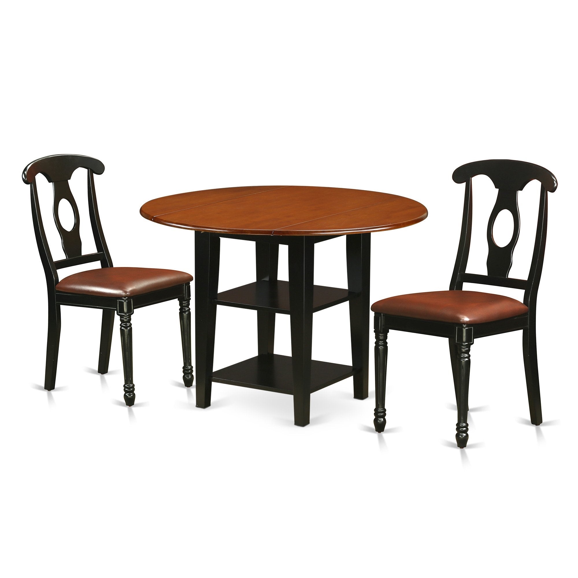 East West Furniture Suke3-Bch-Lc Sudbury 3 Piece Room Furniture Set Contains A Round Dining Table With Dropleaf & Shelves And 2 Faux Leather Upholstered Chairs, 42X42 Inch