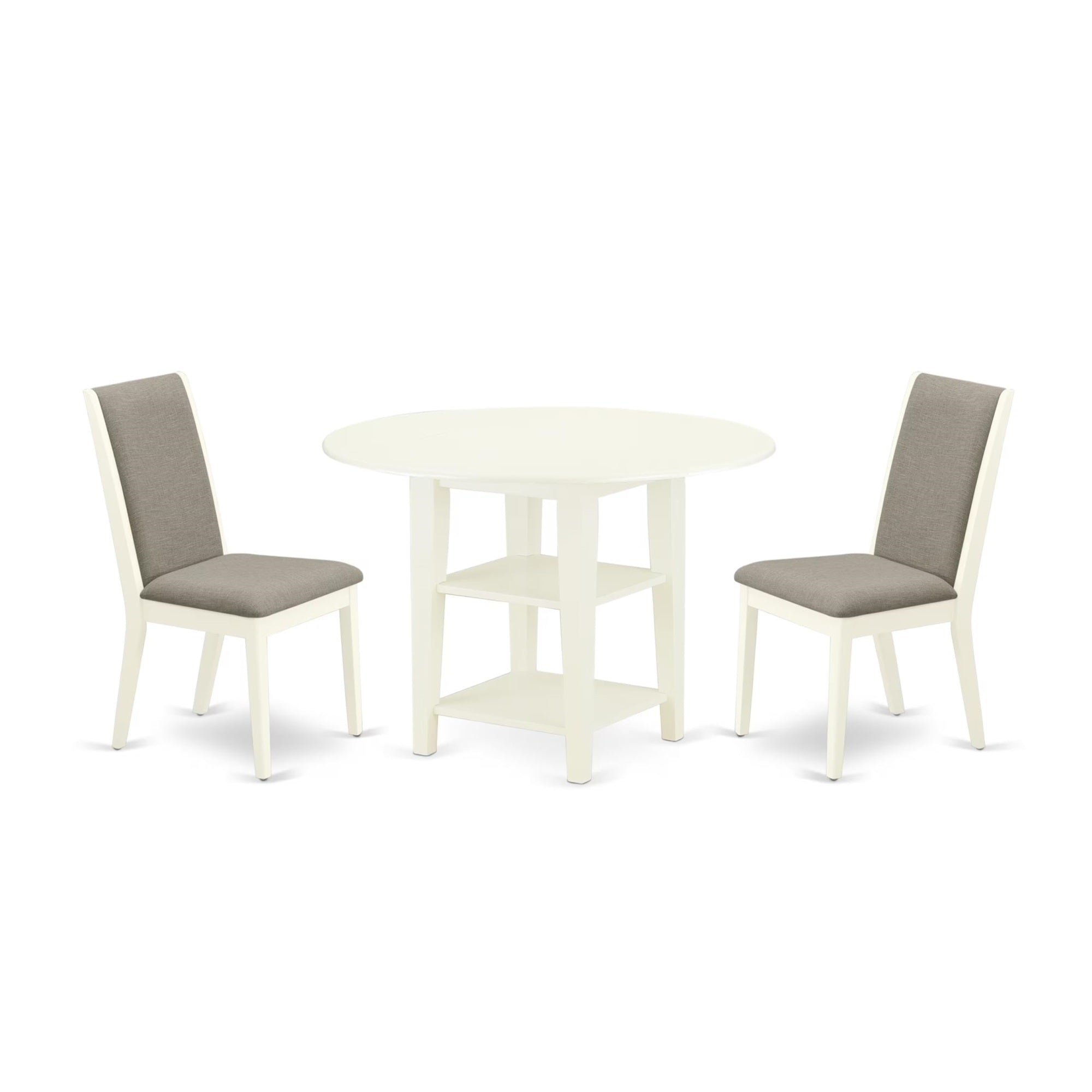 Casafoyer Sula3-Lwh-06 Sudbury 3 Piece Kitchen Set Contains A Round Dining Room Table With Dropleaf & Shelves And 2 Shitake Fabric Parsons Chairs, 42X42 Inch, Linen White