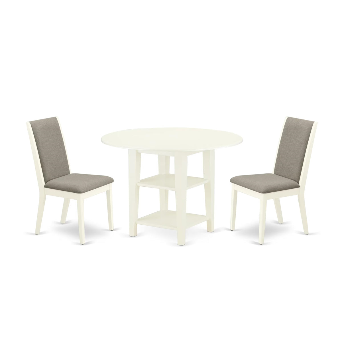 Casafoyer Sula3-Lwh-06 Sudbury 3 Piece Kitchen Set Contains A Round Dining Room Table With Dropleaf & Shelves And 2 Shitake Fabric Parsons Chairs, 42X42 Inch, Linen White