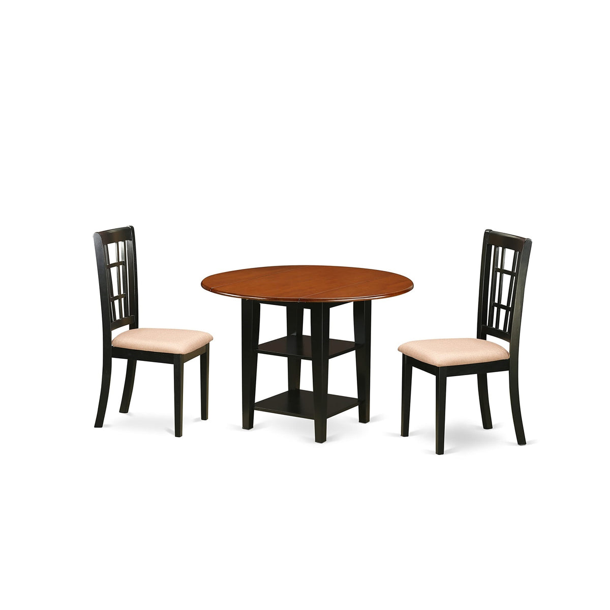 Casafoyer Suni3-Bch-C 3 Piece Kitchen Table Set Contains A Round Dining Room Table With Dropleaf & Shelves And 2 Linen Fabric Upholstered Dining Chairs, 42X42 Inch, Black & Cherry