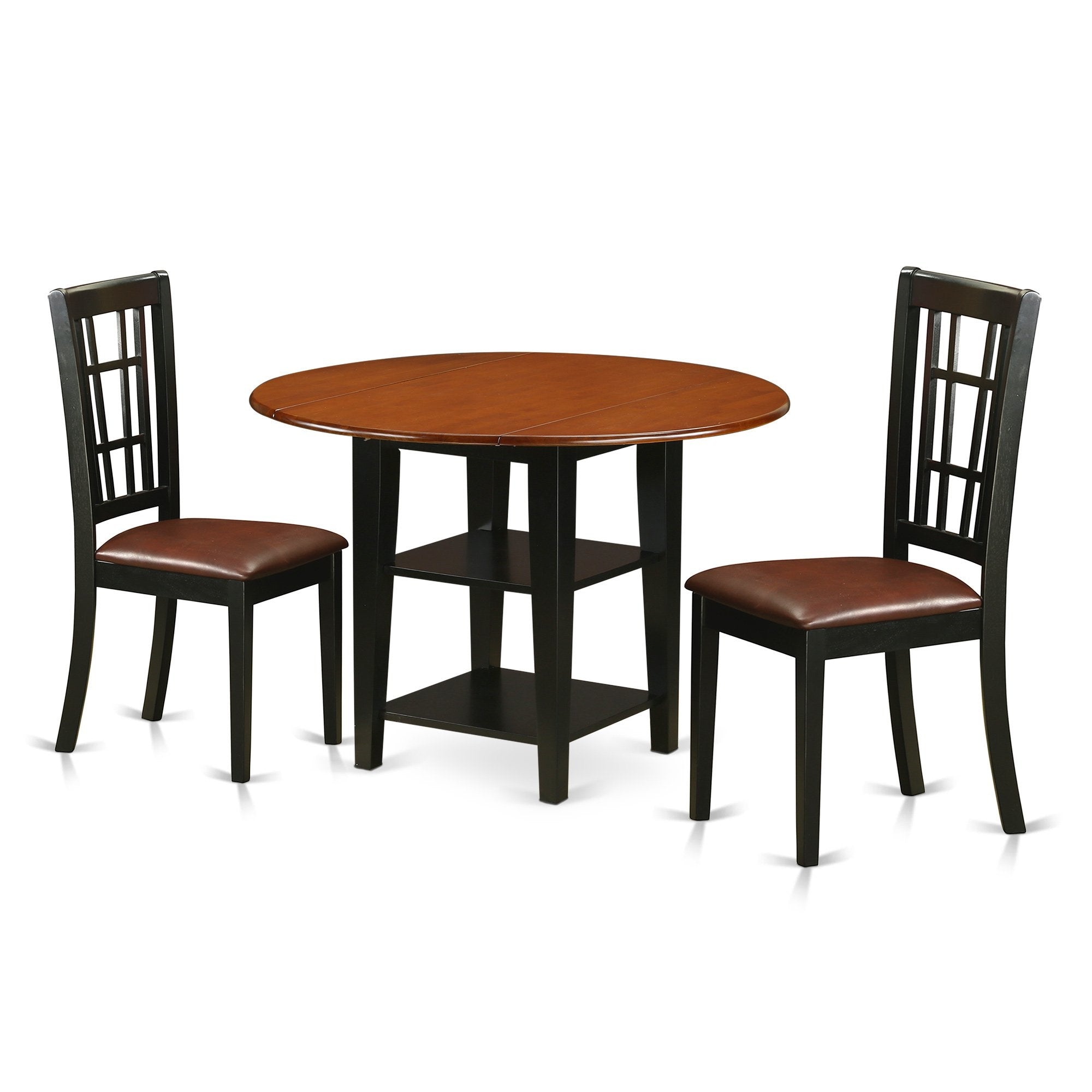 East West Furniture Suni3-Bch-Lc 3 Piece Kitchen Set Contains A Round Table With Dropleaf & Shelves And 2 Faux Leather Dining Room Chairs, 42X42 Inch, Black & Cherry