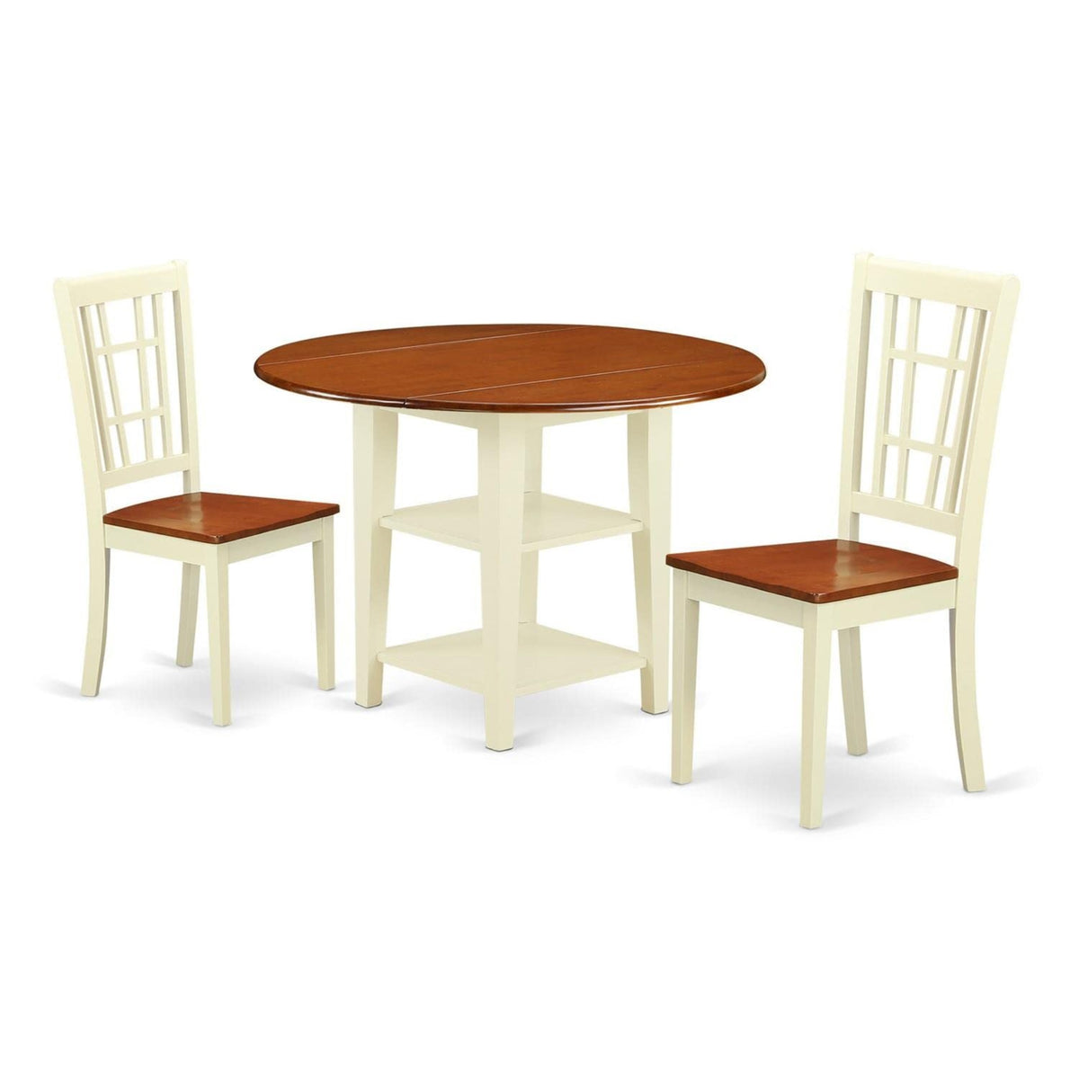 Casafoyer Suni3-Bmk-W 3 Piece Kitchen Set For Small Spaces Contains A Round Room Table With Dropleaf & Shelves And 2 Dining Chairs, 42X42 Inch, Buttermilk & Cherry