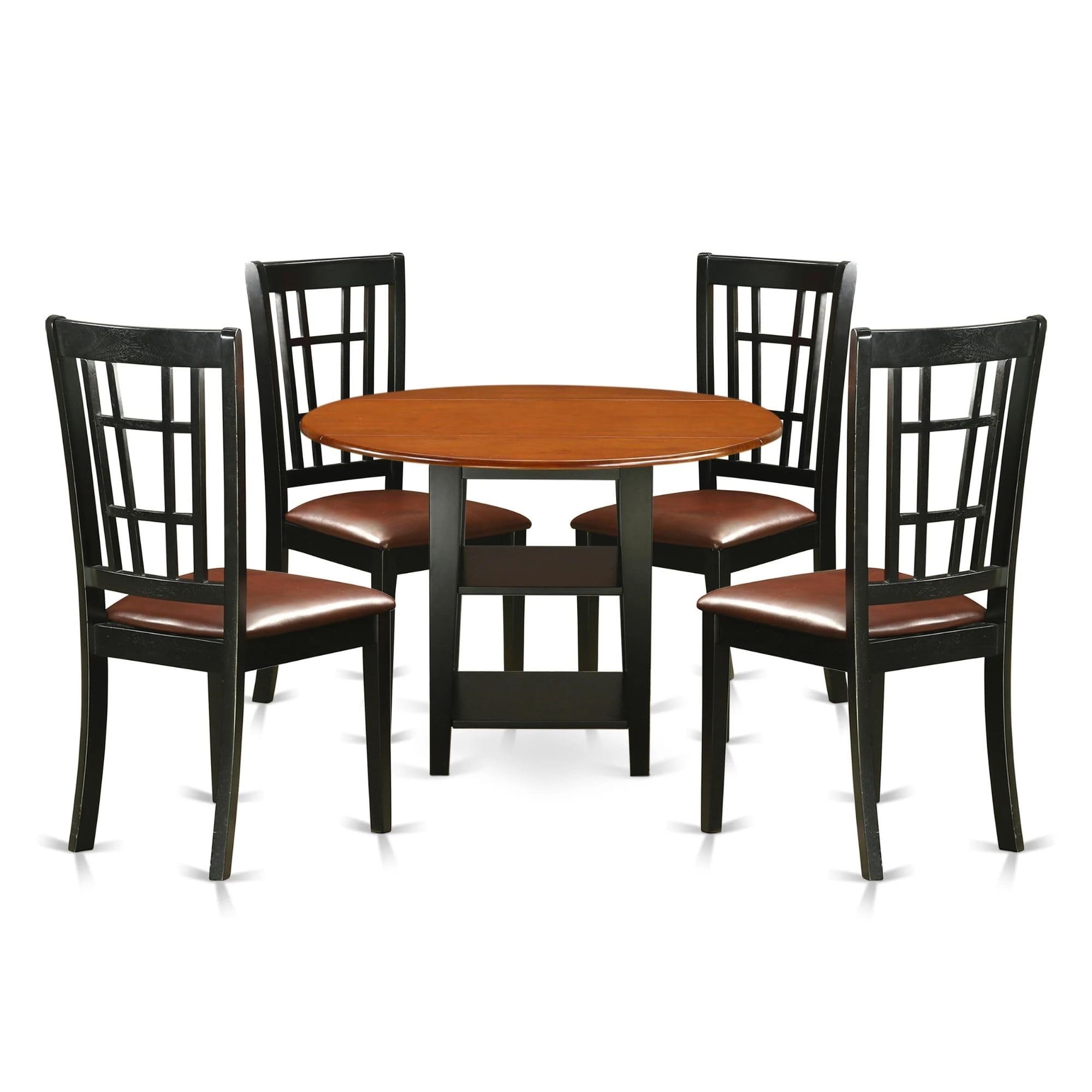 Casafoyer Suni5-Bch-Lc 5 Piece Set For 4 Includes A Round Table With Dropleaf & Shelves And 4 Faux Leather Kitchen Dining Chairs, 42X42 Inch