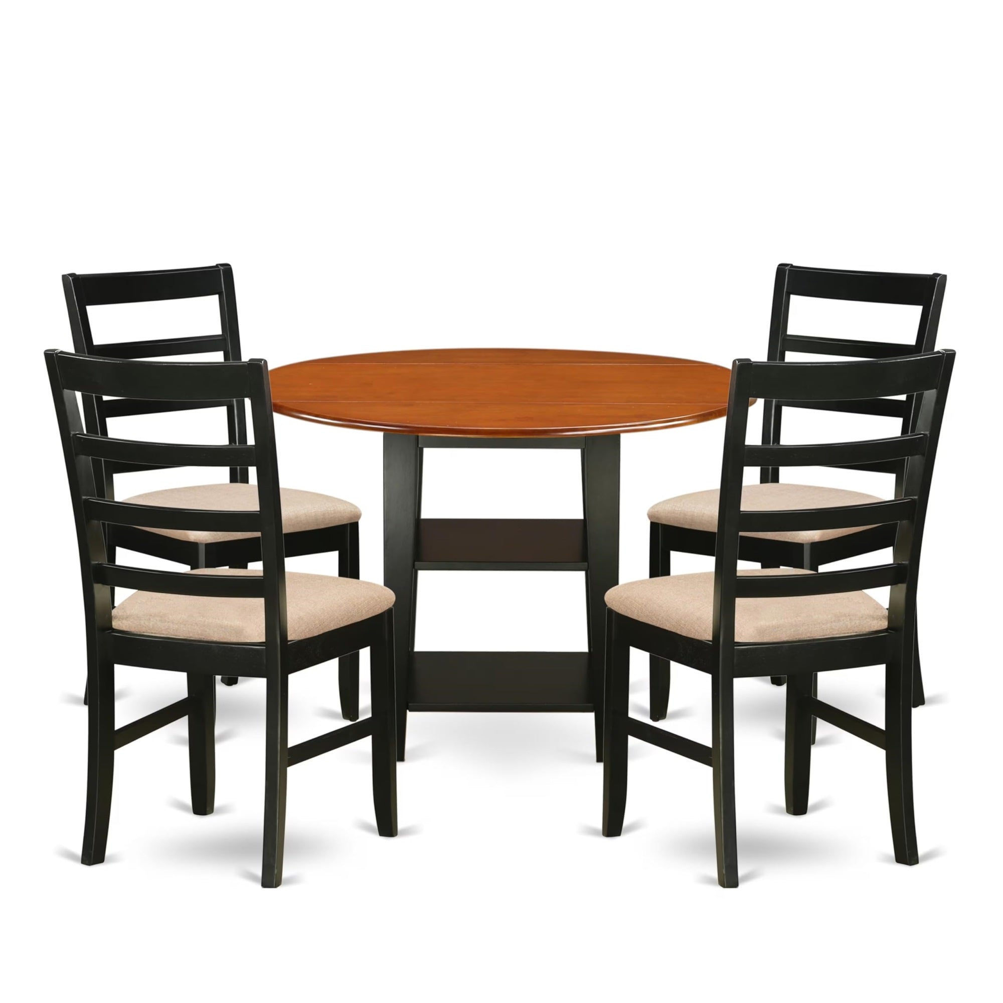 Casafoyer Supf5-Bch-C 5 Piece Kitchen Set Includes A Round Table With Dropleaf & Shelves And 4 Linen Fabric Dining Room Chairs, 42X42 Inch, Black & Cherry