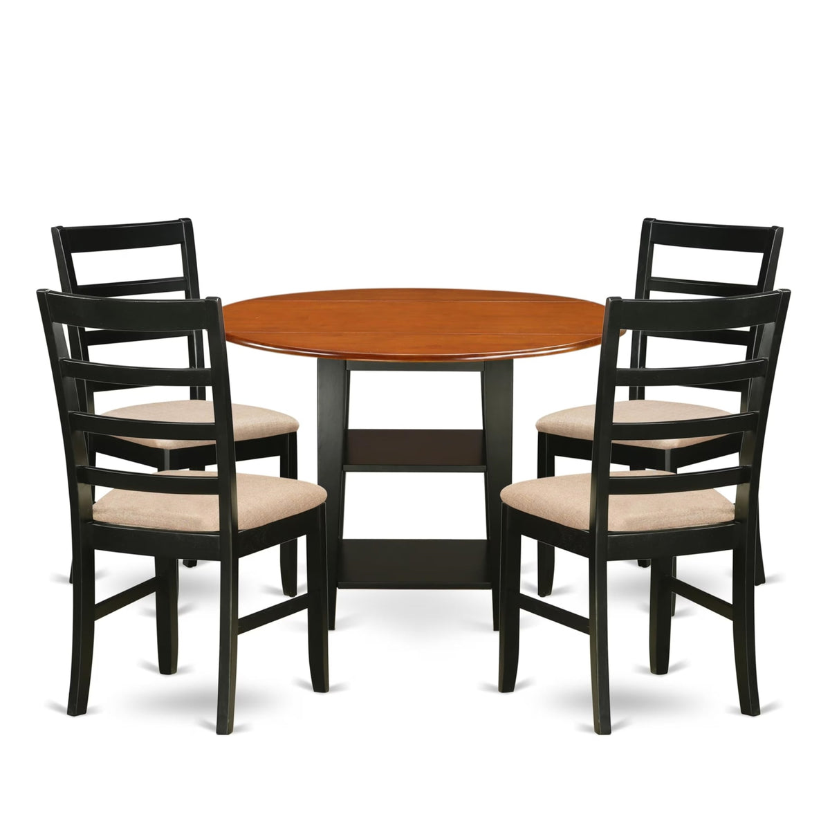 Casafoyer Supf5-Bch-C 5 Piece Kitchen Set Includes A Round Table With Dropleaf & Shelves And 4 Linen Fabric Dining Room Chairs, 42X42 Inch, Black & Cherry