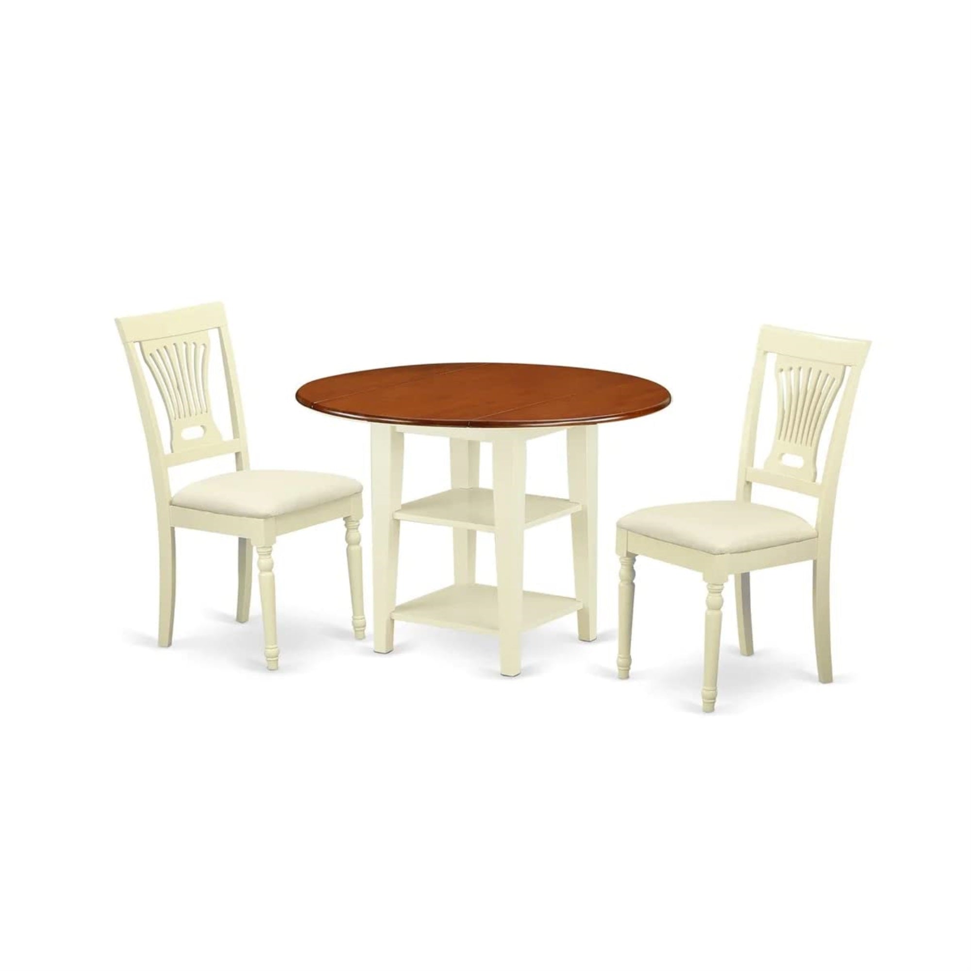 East West Furniture Supl3-Bmk-C 3 Piece Set Contains A Round Dining Room Table With Dropleaf & Shelves And 2 Linen Fabric Upholstered Chairs, 42X42 Inch, Buttermilk & Cherry