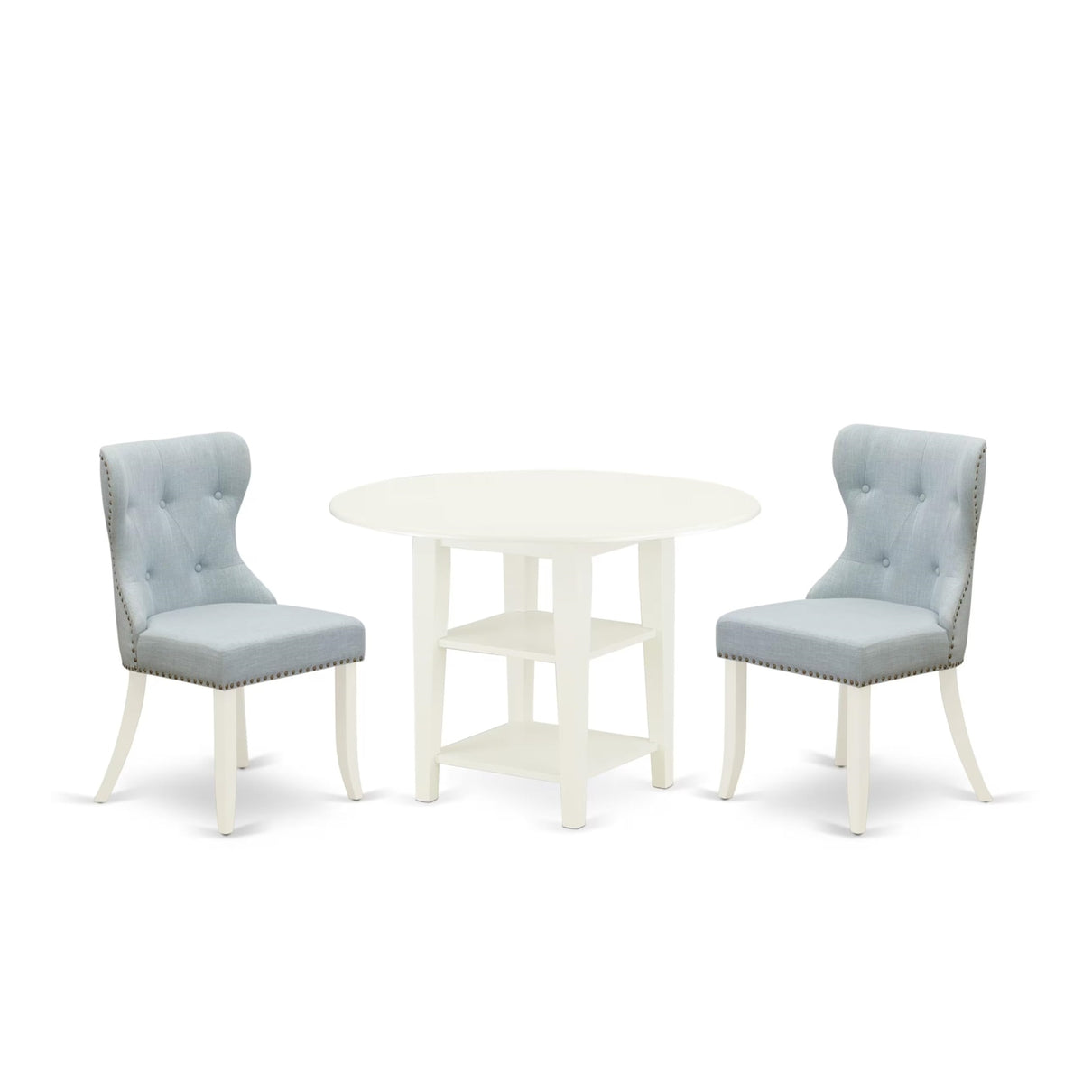 Casafoyer Sudbury 3 Piece Set Contains A Round Dining Room Table With Dropleaf & Shelves And 2 Baby Blue Linen Fabric Upholstered Chairs, 42X42 Inch, Susi3-Lwh-15