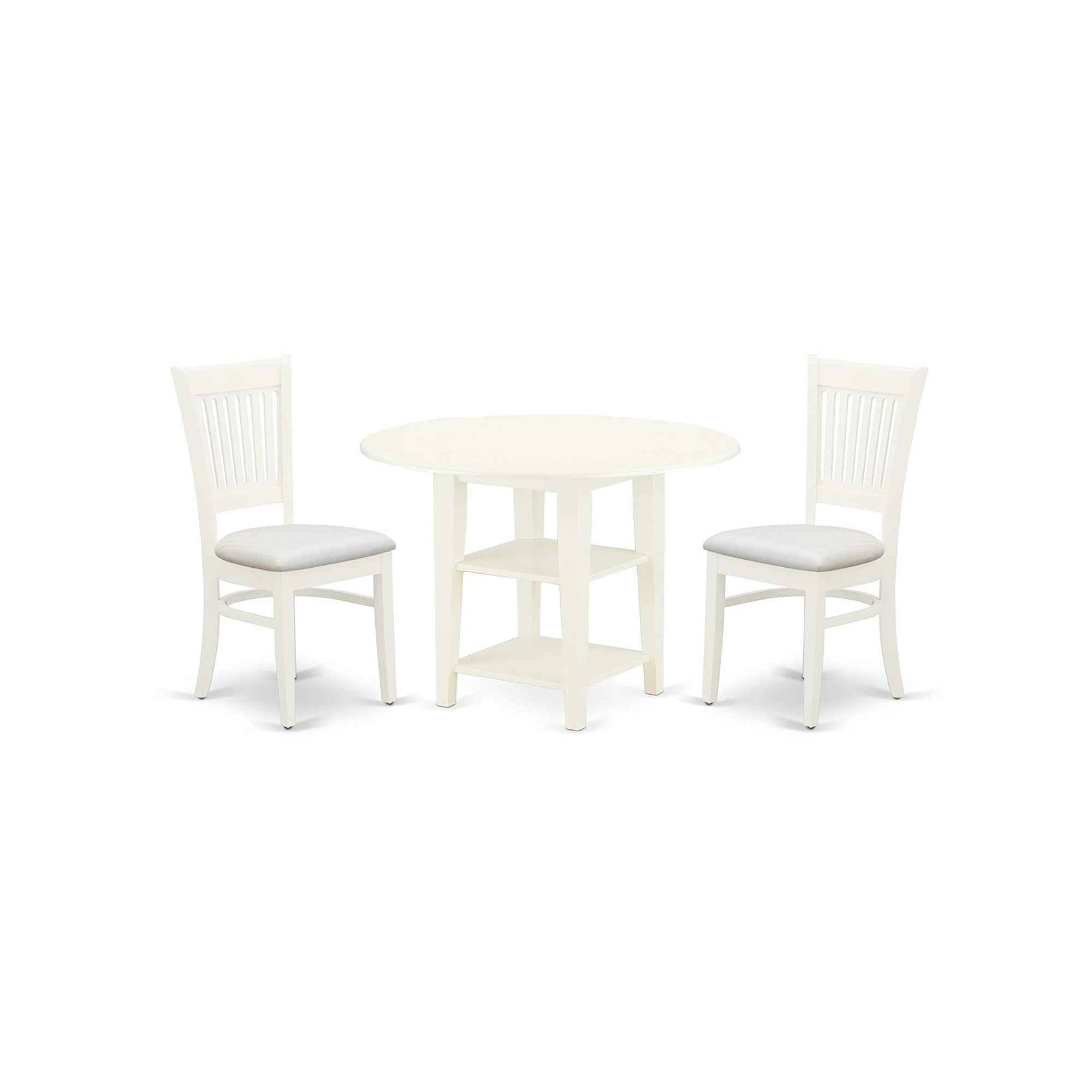 East West Furniture Suva3-Lwh-C 3 Piece Dinette Set For Small Spaces Contains A Round Table With Dropleaf & Shelves And 2 Fabric Dining Room Chairs, 42X42 Inch, Linen White