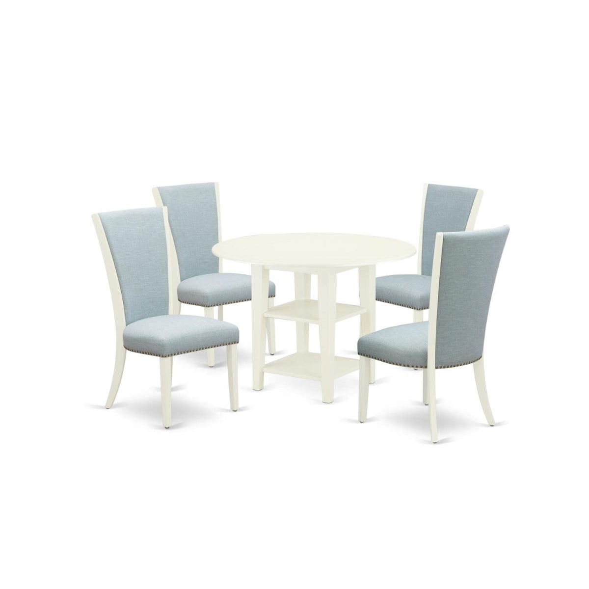 Casafoyer Sudbury 5 Piece Kitchen Set For 4 Includes A Round Dining Table With Dropleaf & Shelves And 4 Baby Blue Linen Fabric Parson Chairs, 42X42 Inch, Suve5-Lwh-15