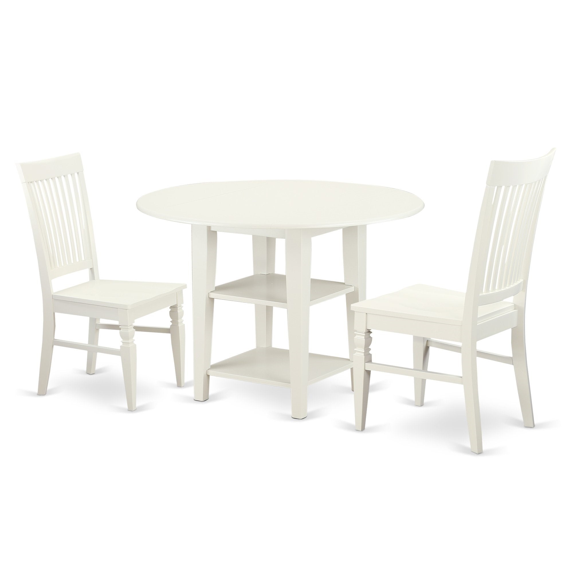 East West Furniture Suwe3-Lwh-W Sudbury 3 Piece Modern Set Contains A Round Wooden Table With Dropleaf & Shelves And 2 Dining Room Chairs, 42X42 Inch, Linen White