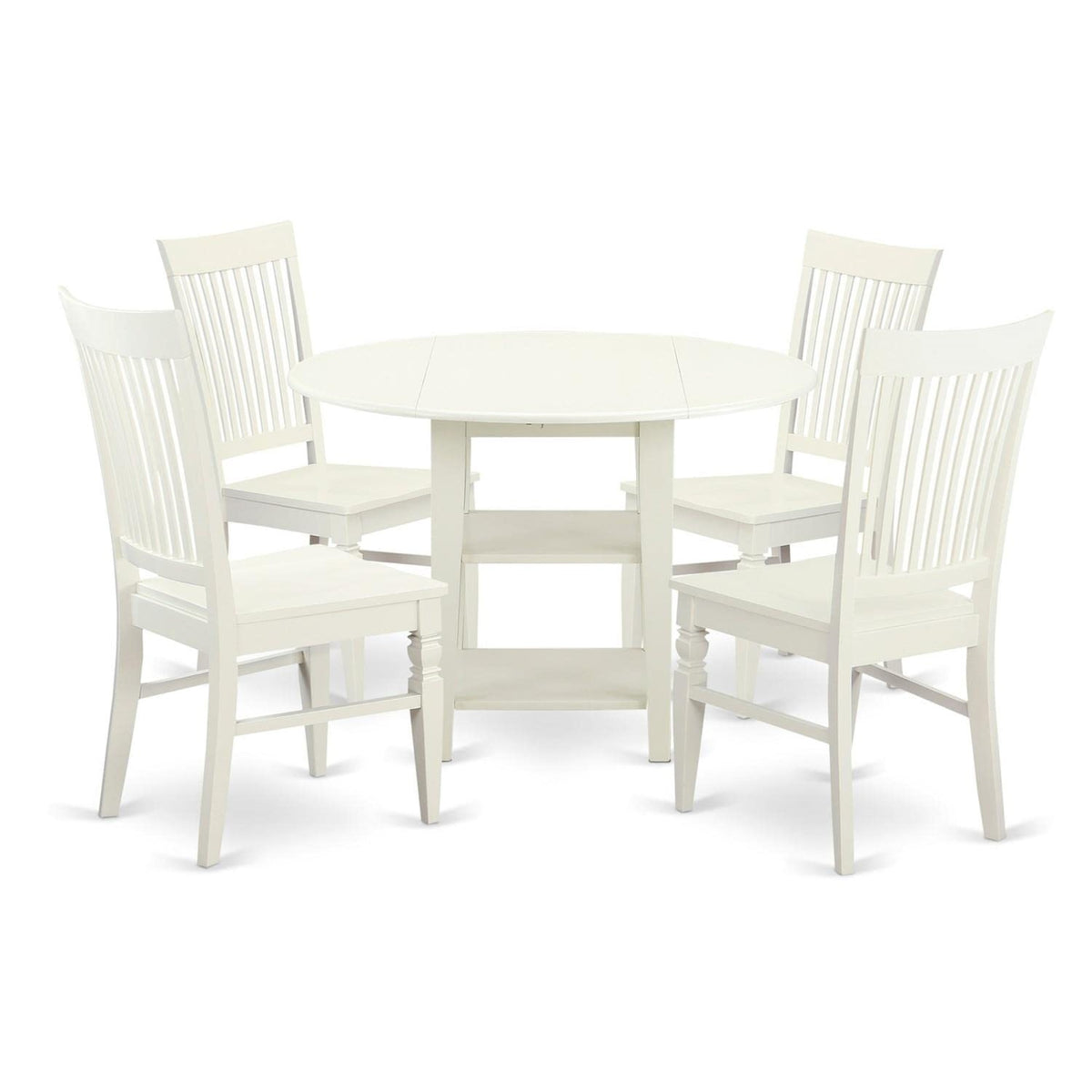 Casafoyer Suwe5-Lwh-W 5 Piece Set Includes A Round Dining Room Table With Dropleaf & Shelves And 4 Kitchen Chairs, 42X42 Inch, Linen White