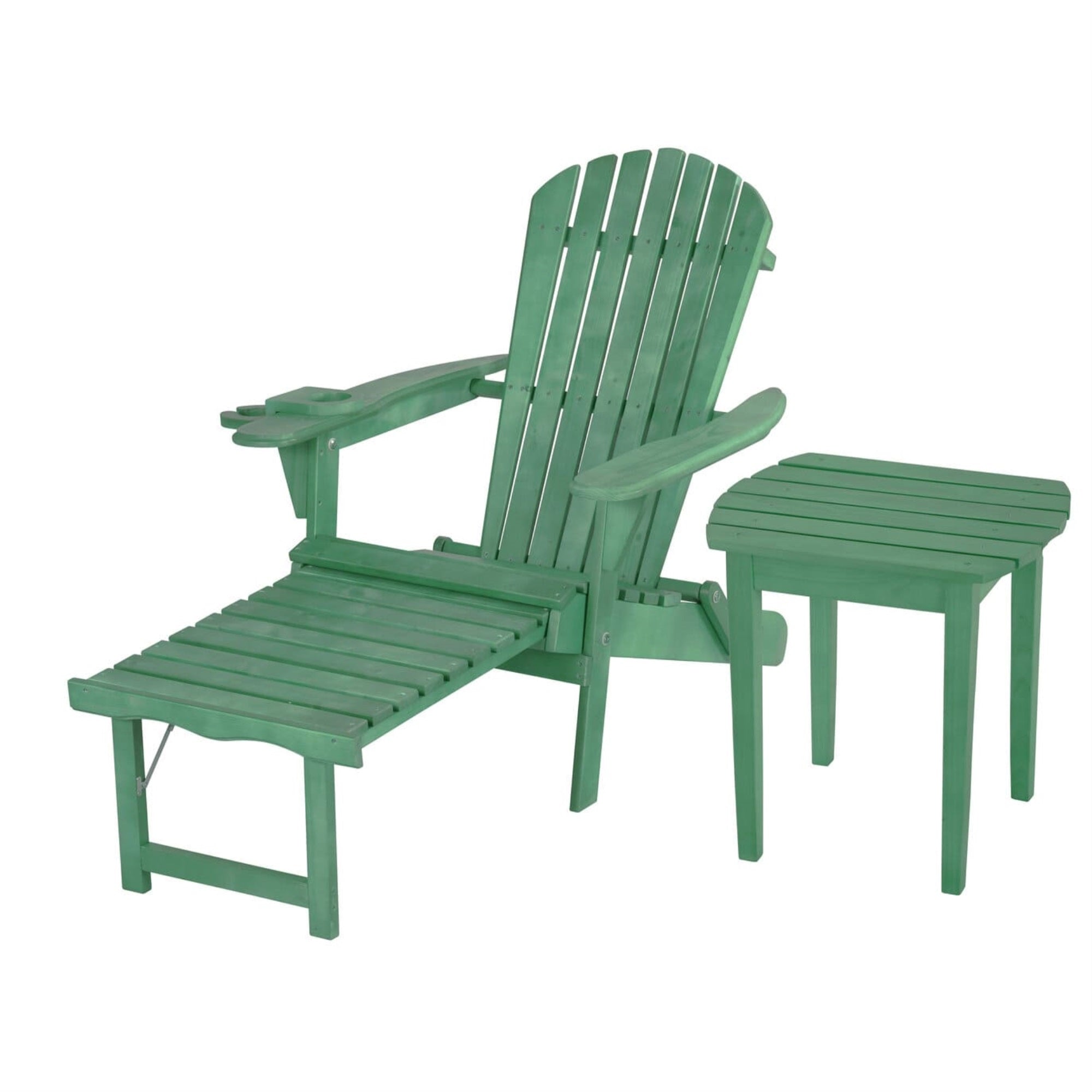 Oceanic Collection Adirondack Chaise Lounge Chair Foldable, cup and glass holder, built in ottoman, Set of 1 Lounge chair and 1 end table