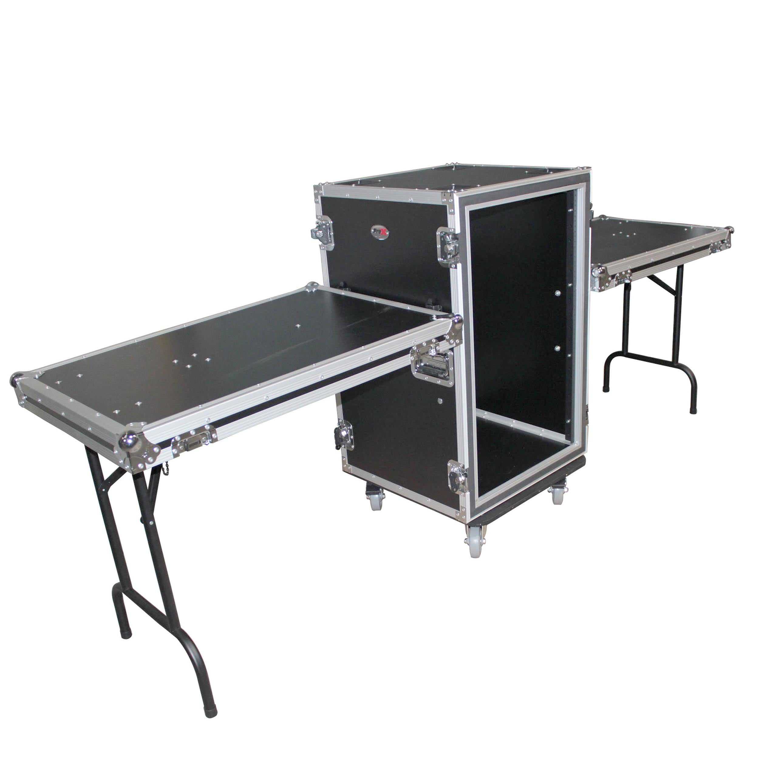 14U Vertical Shockproof Amp/Rack Case W/Dual Side Tables & 4 Casters (24″ Rail to Rail)