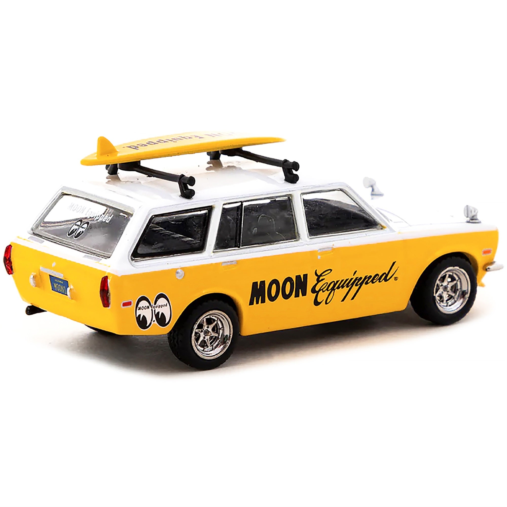 Datsun Bluebird 510 Wagon Yellow And White 'Moon Equipped' With Roof Rack And Surfboard 'Global64' Series 1/64 Diecast Model Car By Tarmac Works