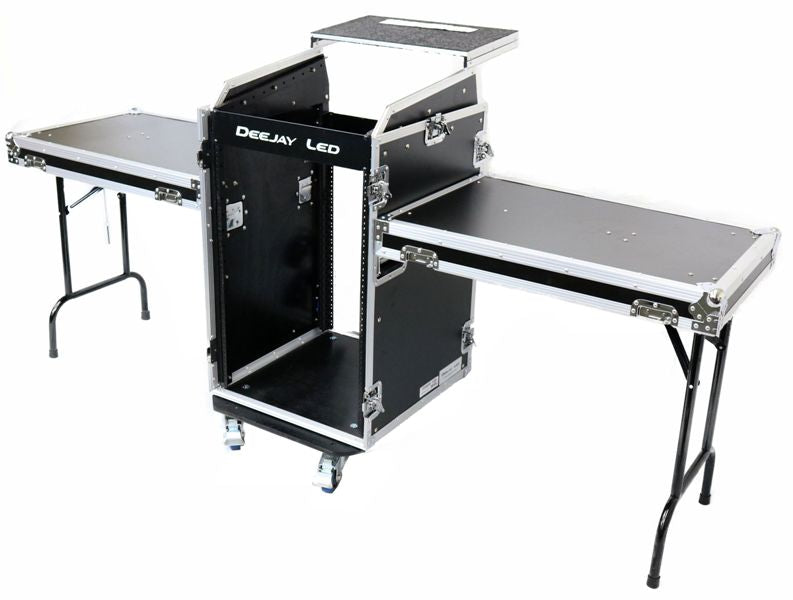Fly Drive Case 11U Space Slant Mixer Rack / 16U Space Vertical Rack System W/Caster Board & Two Side Tables & Laptop Shelf