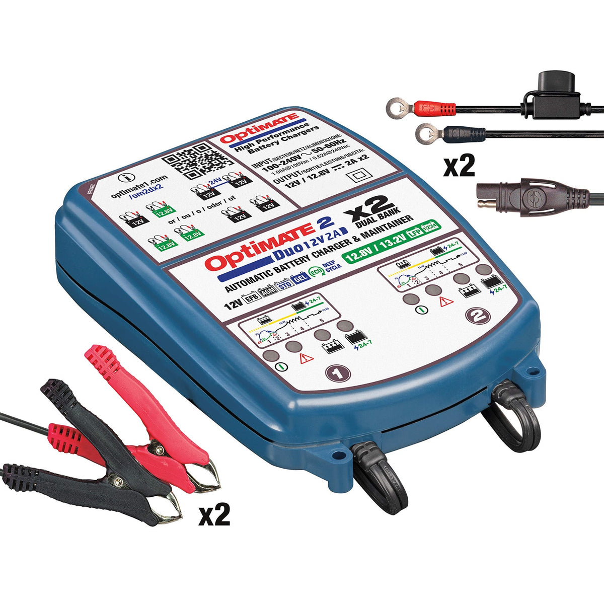 Tecmate Optimate 2 Duo X 2 Bank, Tm-571, Bronze Series: 5-Step 2X 12V / 12.8V 2A Sealed Battery Charger & Maintainer, Blue