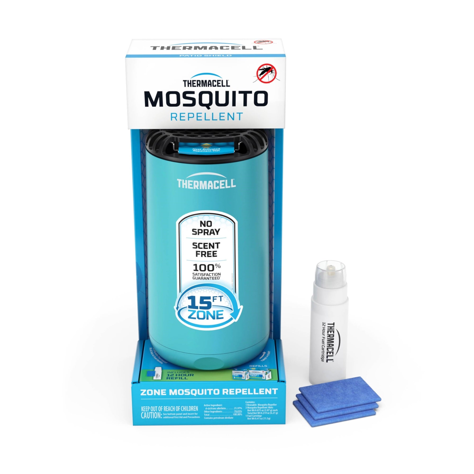 Thermacell Patio Shield Mosquito Repeller, Blue; Highly Effective Mosquito Repellent For Patio; No Candles Or Flames, Deet-Free, Scent-Free, Bug Spray Alternative; Includes 12-Hour Refill
