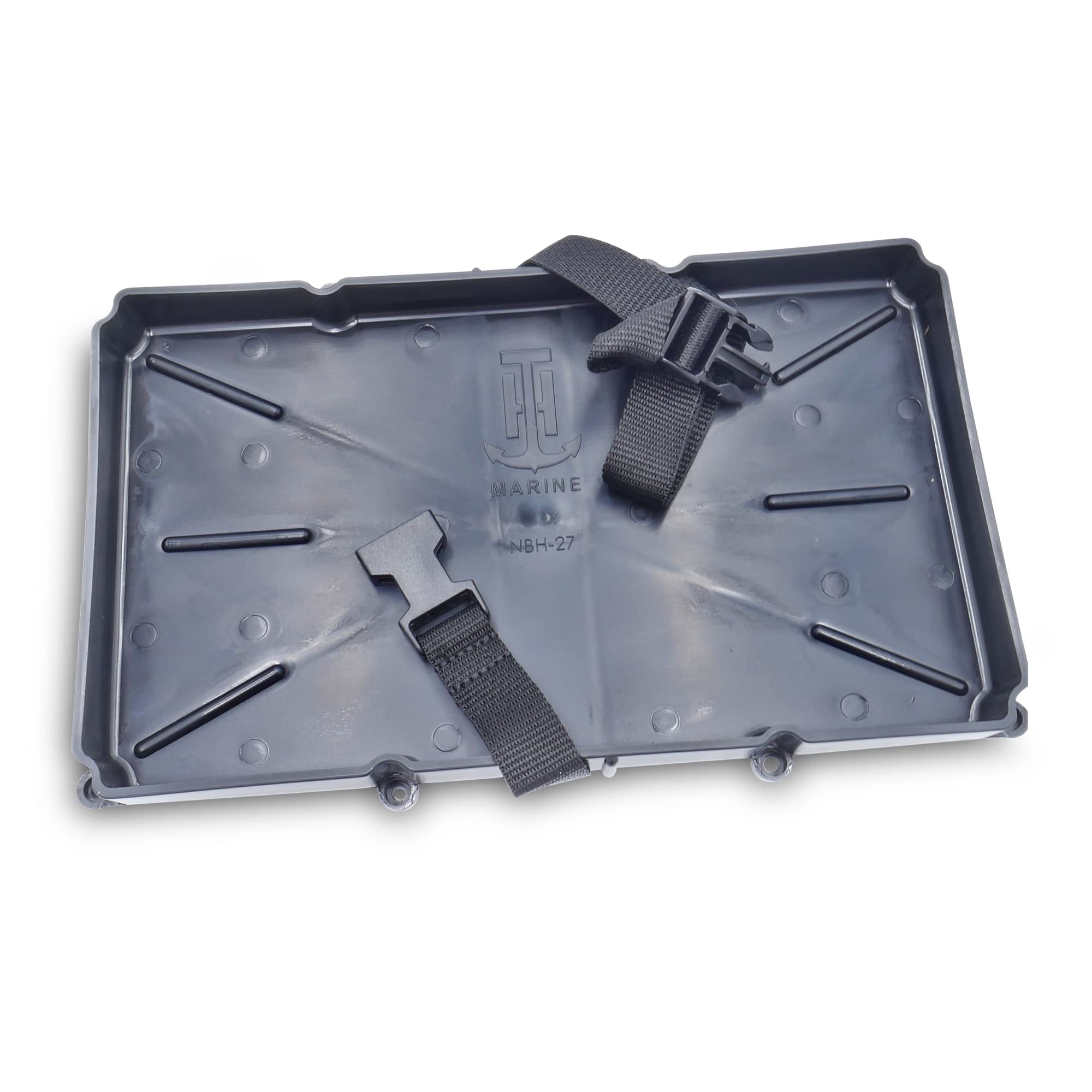 T-H Marine Narrow Battery Tray Holder With Poly Strap - Heavy Duty Space Saving Design And Recessed Mounting Wells Fit Group 27 Batteries - Boat And Rv
