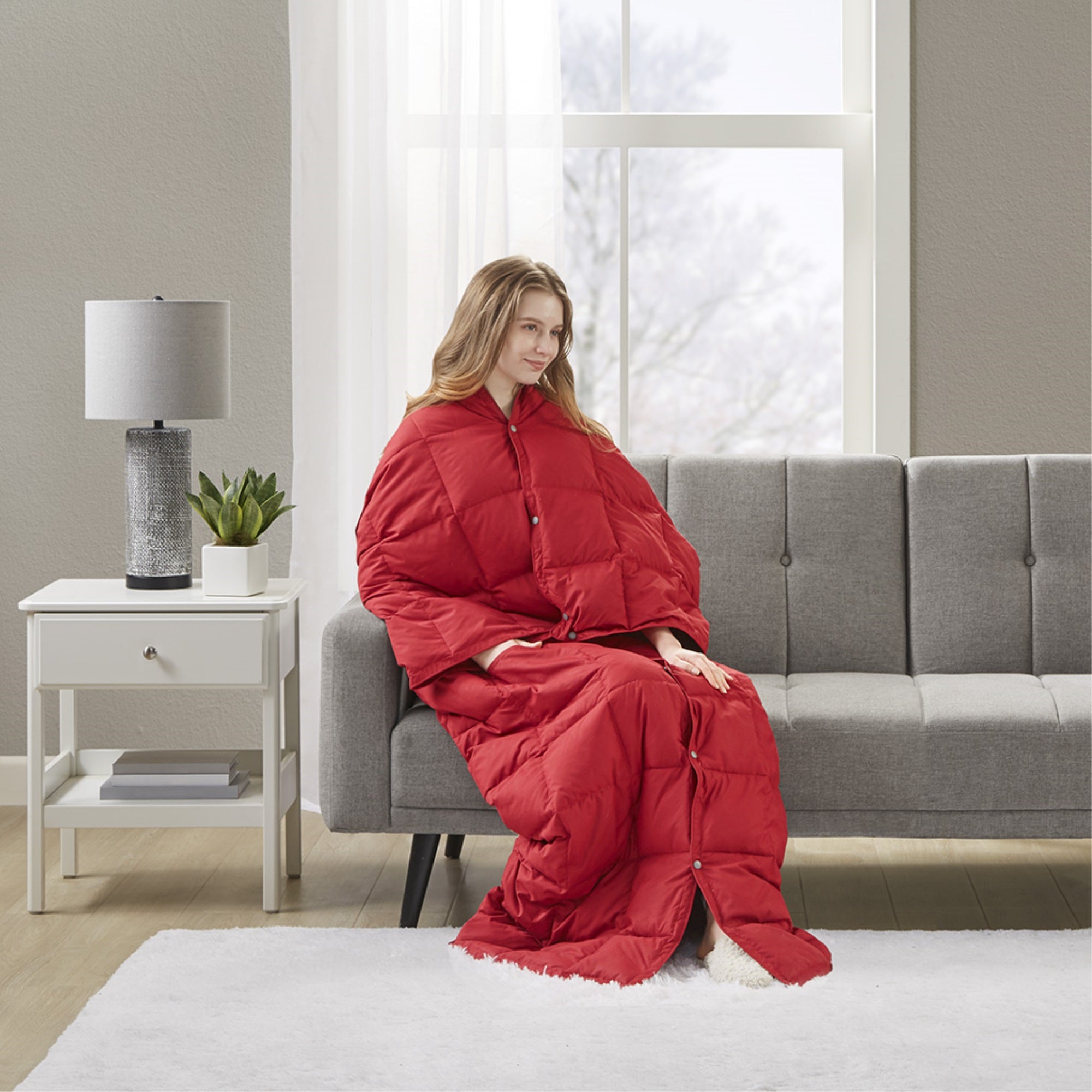 Hadly Wearable Multipurpose Throw in Red - Down-Proof Microfiber, Water-Repellent, 90% Goose Feather & 10% Goose Down Fill, End to End Box Quilting, Self Piping