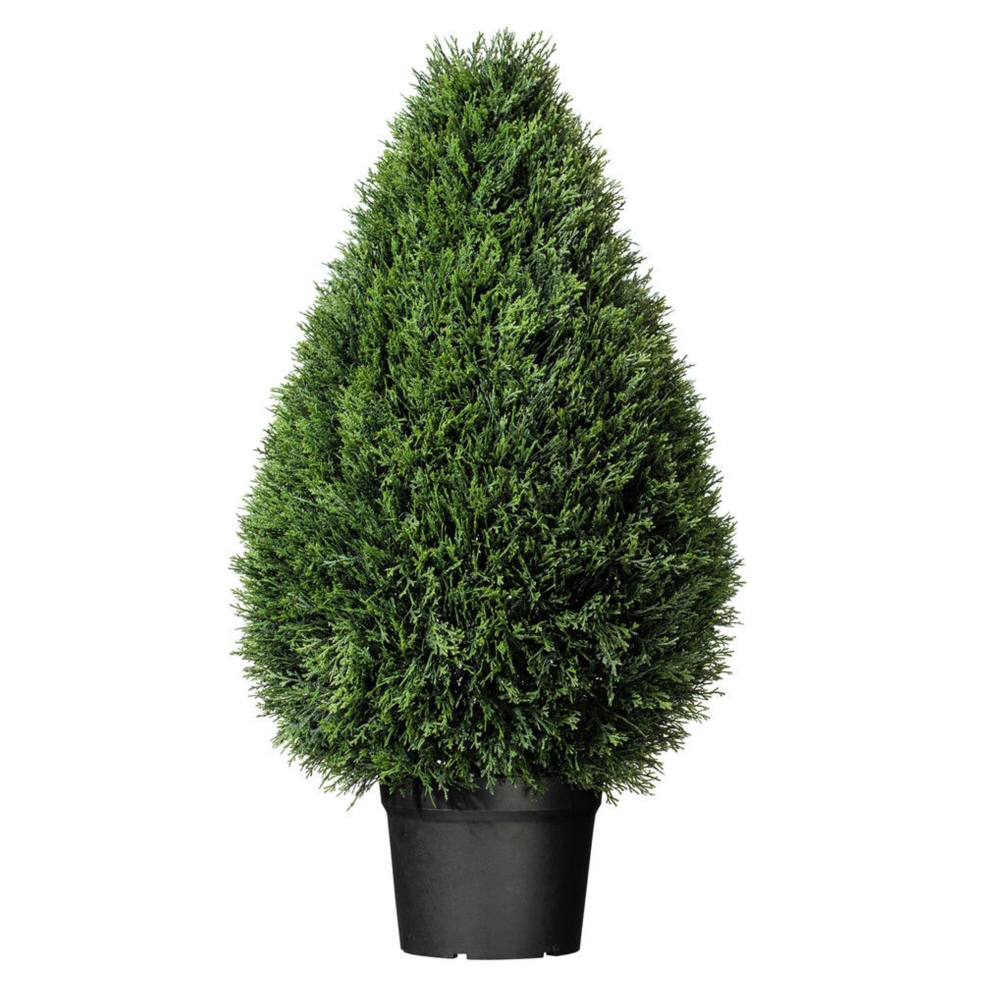 Vickerman 36″ Artificial Cedar Teardrop Shaped Bush, Black Plastic Pot.