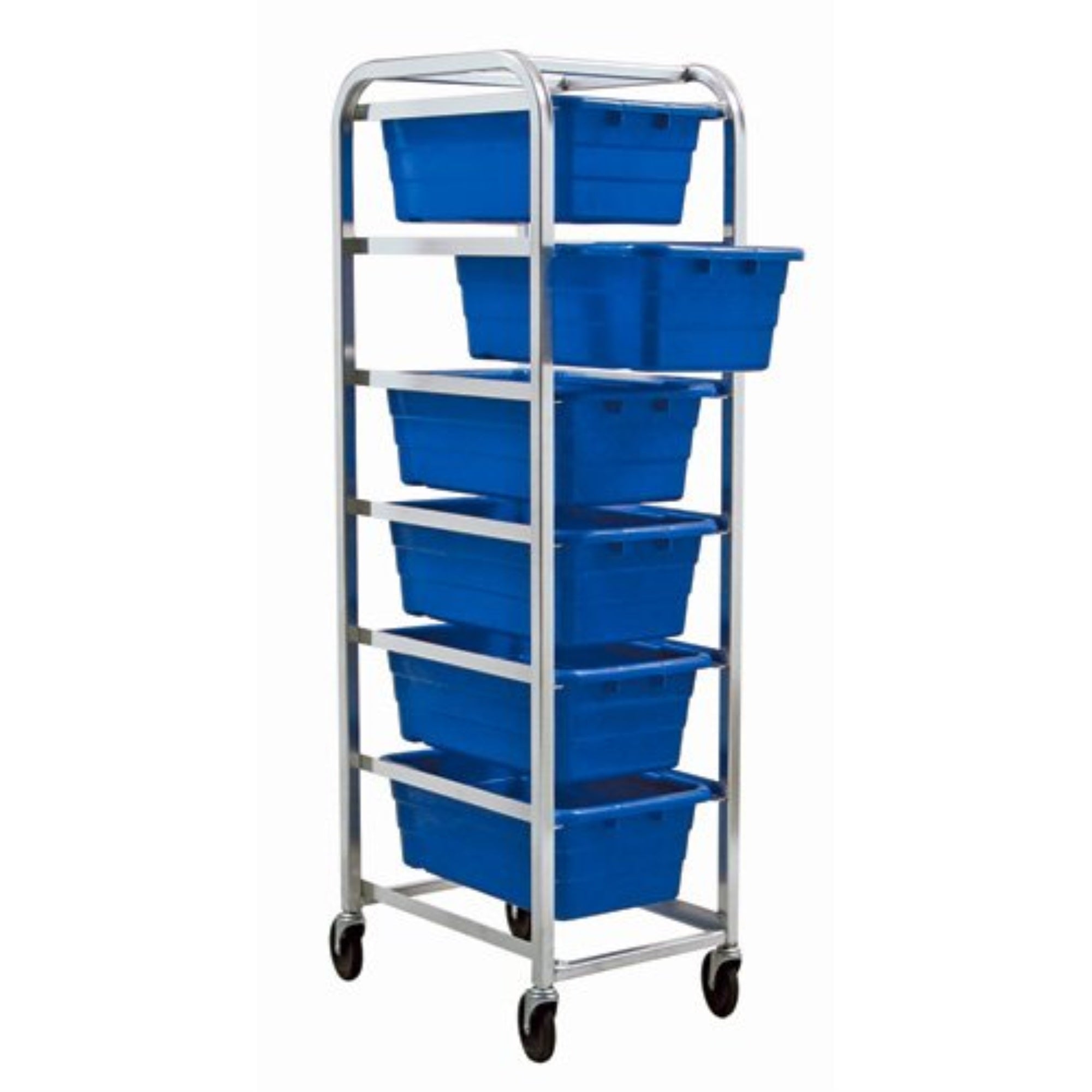 Tub Rack, Mobile, 60 Lb. Weight Capacity Per Bin, End Loading, Holds (6) Tub2516-8 Blue Tubs (Included), Welded Aluminum Constru