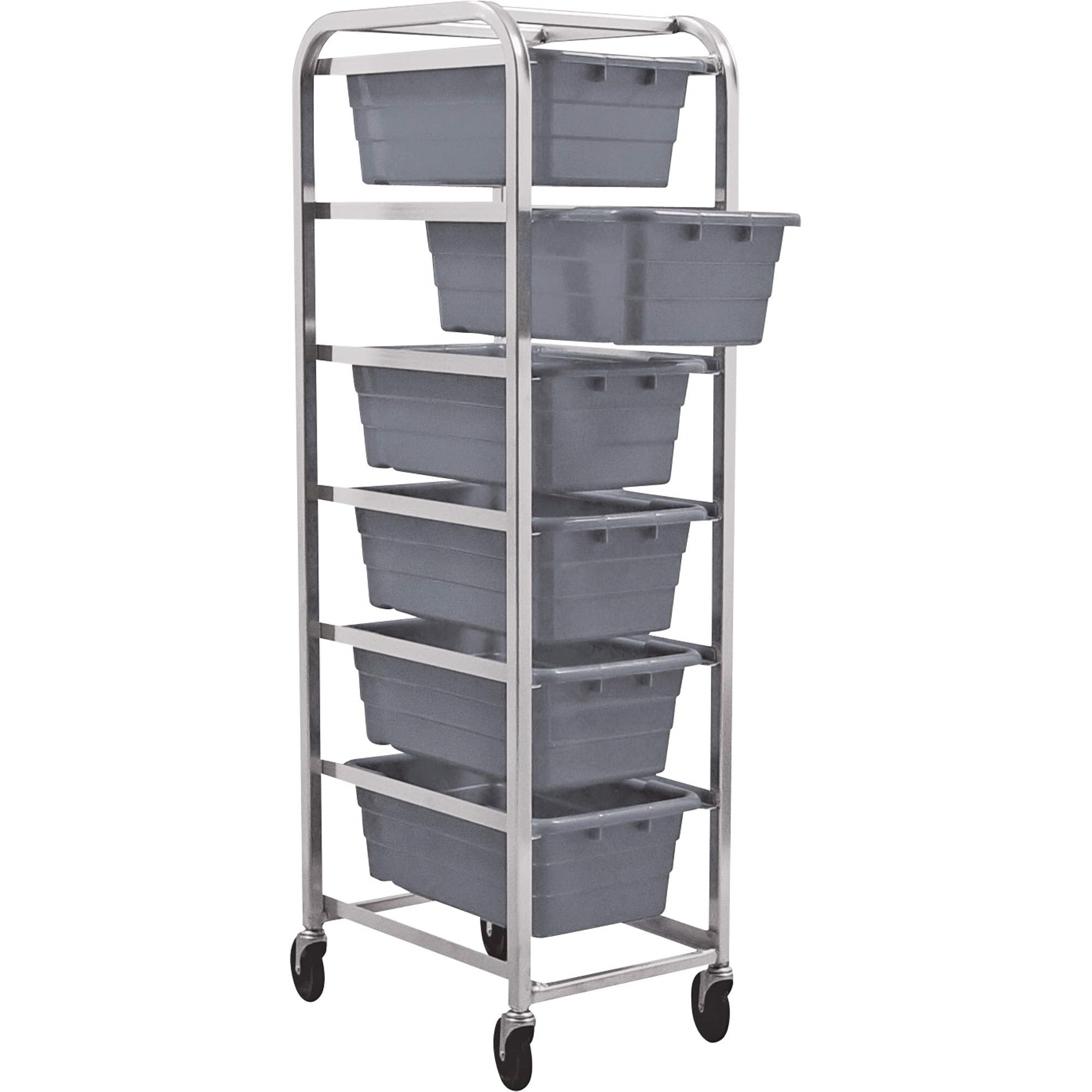 Tub Rack, Mobile, 60 Lb. Weight Capacity Per Bin, End Loading, Holds (6) Tub2516-8 Gray Tubs (Included), Welded Aluminum Constru