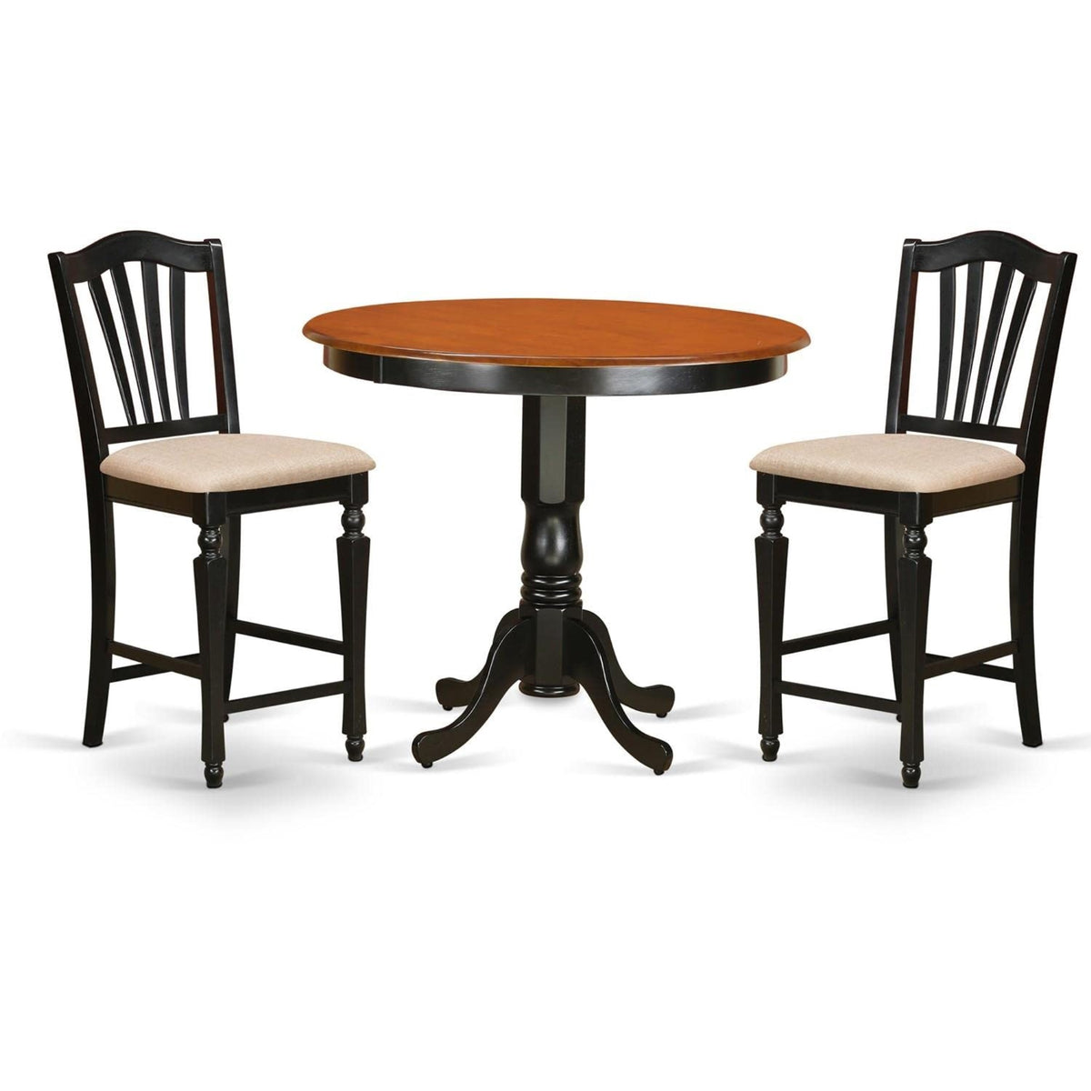 Casafoyer Trch3-Blk-C 3 Piece Counter Height Dining Set For Small Spaces Contains A Round Kitchen Table And 2 Linen Fabric Dining Room Chairs, 42X42 Inch, Black & Cherry