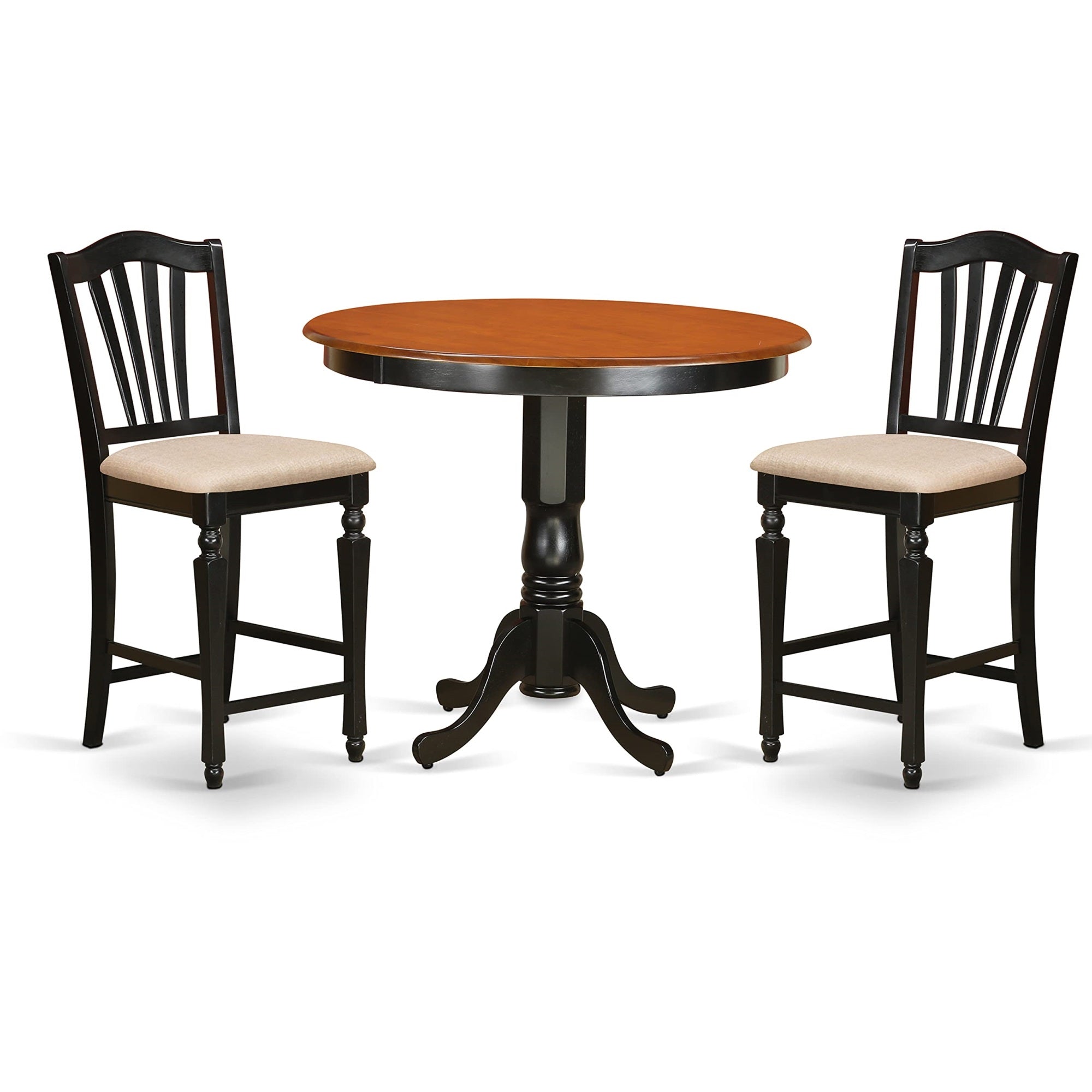East West Furniture Trch3-Blk-C 3 Piece Counter Height Set For Small Spaces Contains A Round Kitchen Table And 2 Linen Fabric Dining Room Chairs, 42X42 Inch, Black & Cherry