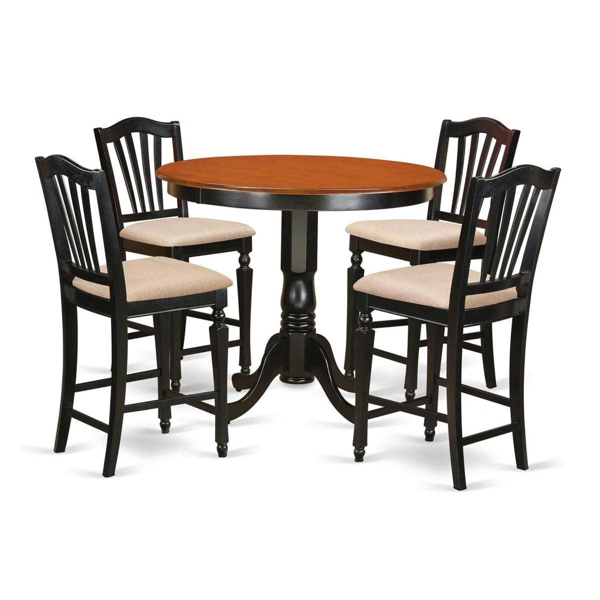 Casafoyer Trch5-Blk-C 5 Piece Kitchen Counter Height Dining Table Set Includes A Round Pub Table And 4 Linen Fabric Upholstered Chairs, 42X42 Inch, Black & Cherry
