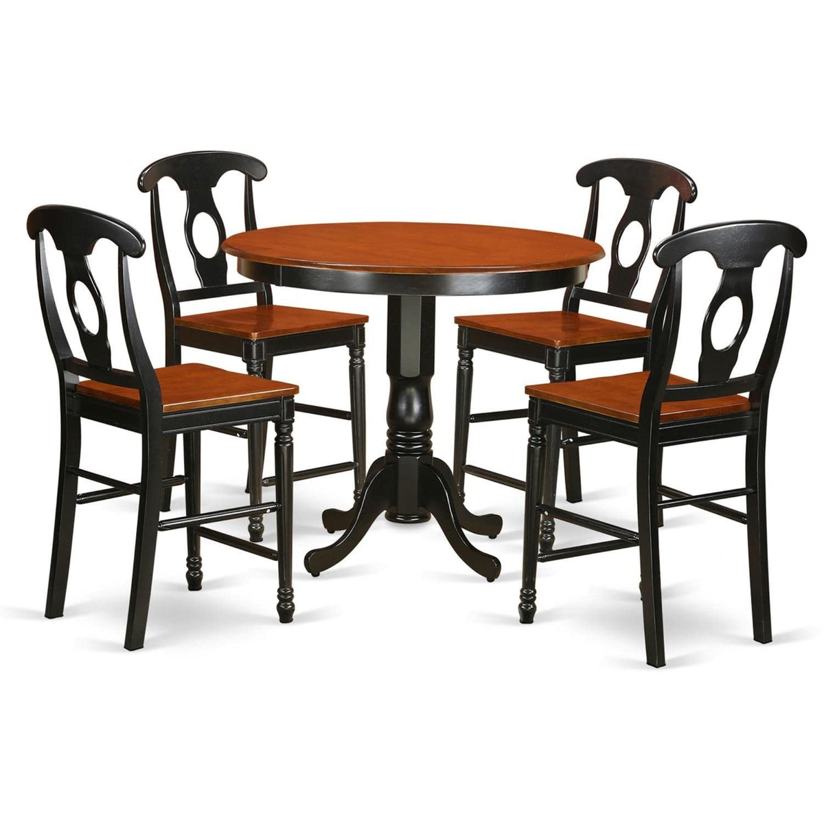 Casafoyer Trke5-Blk-W 5 Piece Kitchen Counter Height Dining Table Set Includes A Round Dining Room Table And 4 Wooden Seat Chairs, 42X42 Inch, Black & Cherry