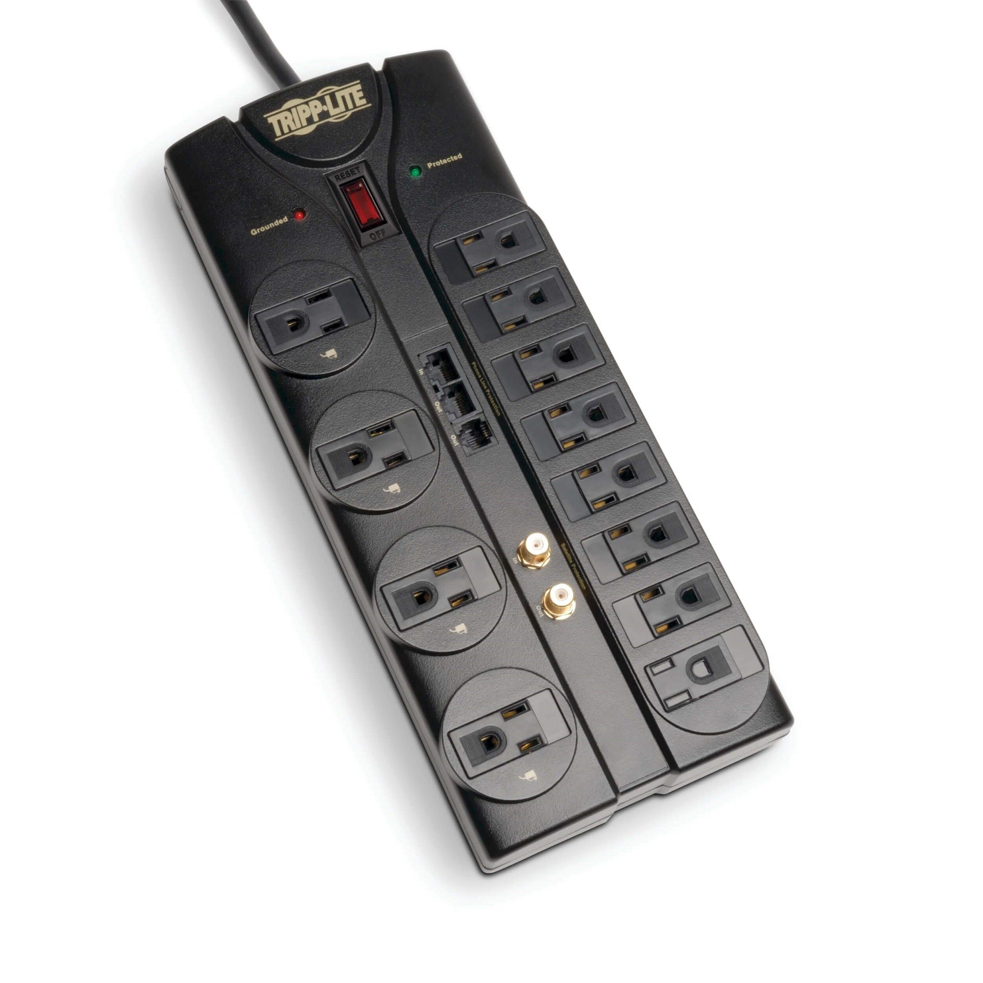 Tripp Lite 12 Outlet Surge Protector Power Strip, 8ft Cord, Right-Angle Plug, Tel/Modem/Coax/Ethernet Protection, RJ11, RJ45, & $250,000 INSURANCE (TLP1208SAT) Black
