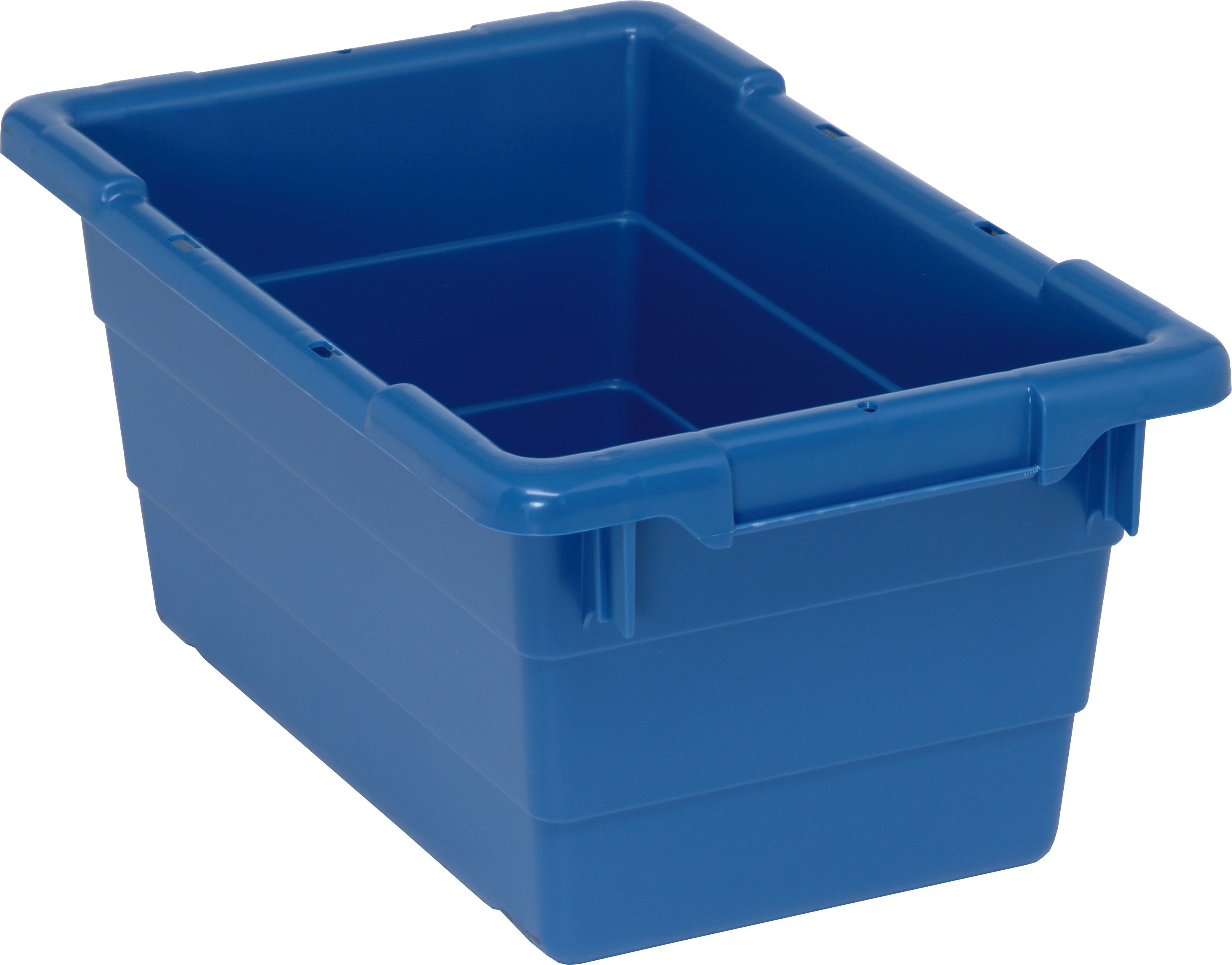 Cross Stack Tub, 3.85 gallon capacity, 100 lb. weight capacity, built-in handle grips, bottom grooves for cross stacking, 1/4" drill hole pattern on bottom, polypropylene, blue, Made in USA, case of 6