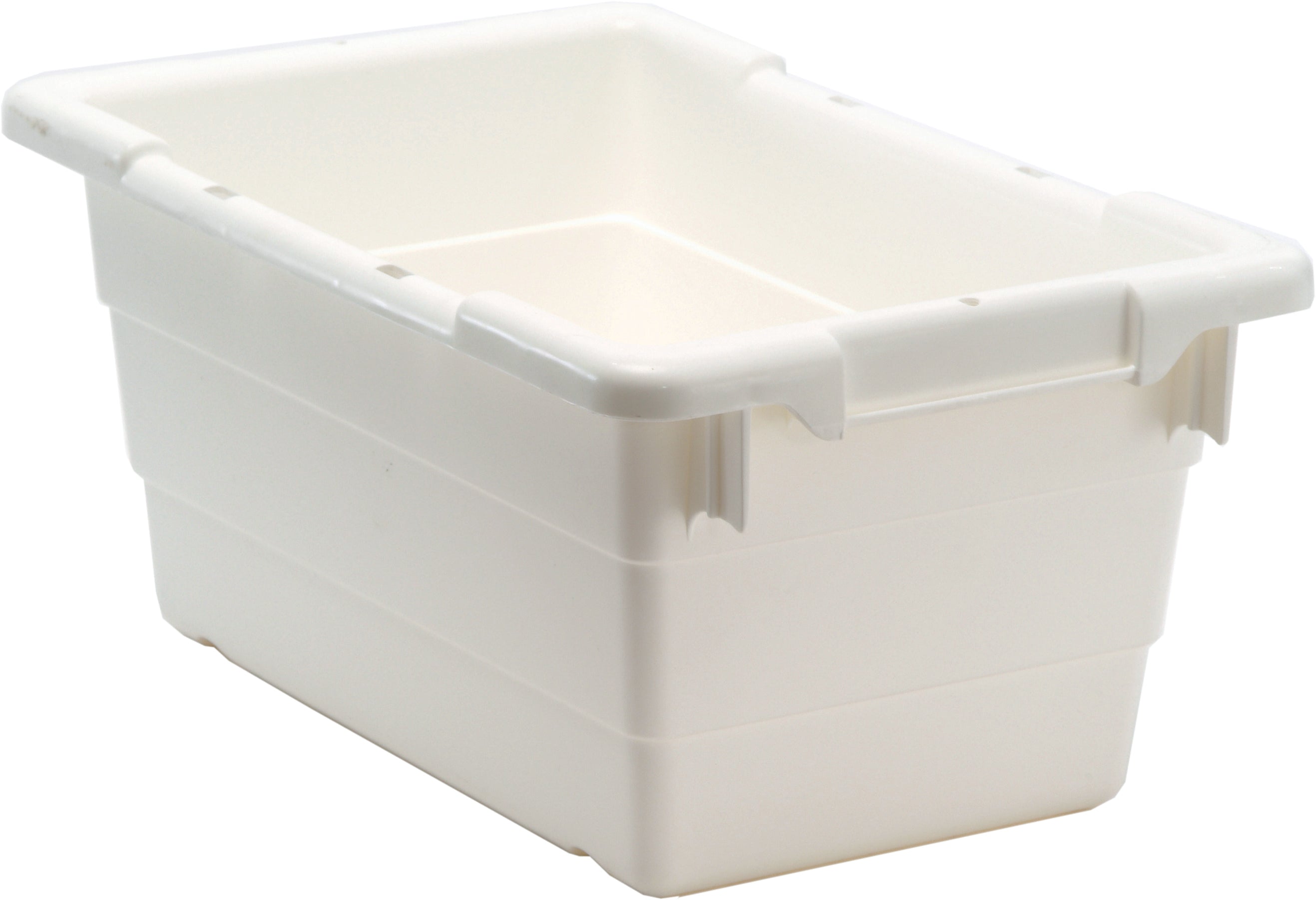 Cross Stack Tub, 3.85 gallon capacity, 100 lb. weight capacity, built-in handle grips, bottom grooves for cross stacking, 1/4" drill hole pattern on bottom, polypropylene, white, Made in USA, case of 6