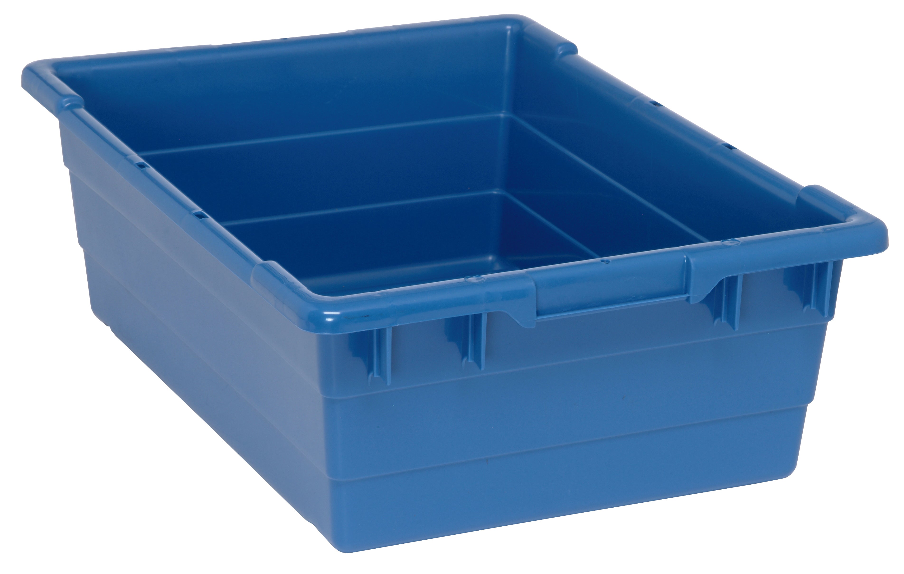 Cross Stack Tub, 9.81 gallon capacity, 100 lb. weight capacity, built-in handle grips, bottom grooves for cross stacking, 1/4" drill hole pattern on bottom, polypropylene, blue, Made in USA, case of 6