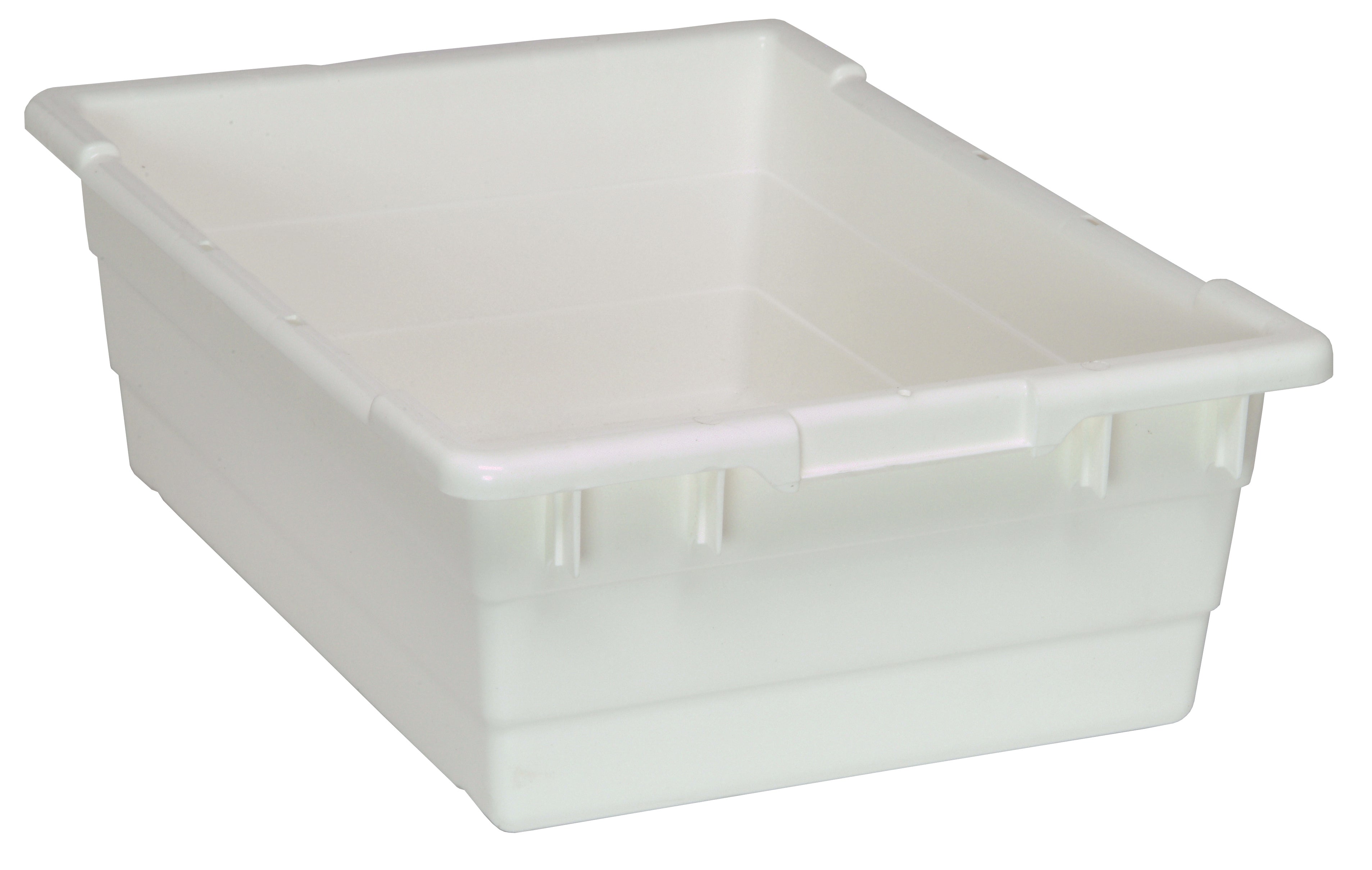 Cross Stack Tub, 9.81 gallon capacity, 100 lb. weight capacity, built-in handle grips, bottom grooves for cross stacking, 1/4" drill hole pattern on bottom, polypropylene, white, Made in USA, case of 6