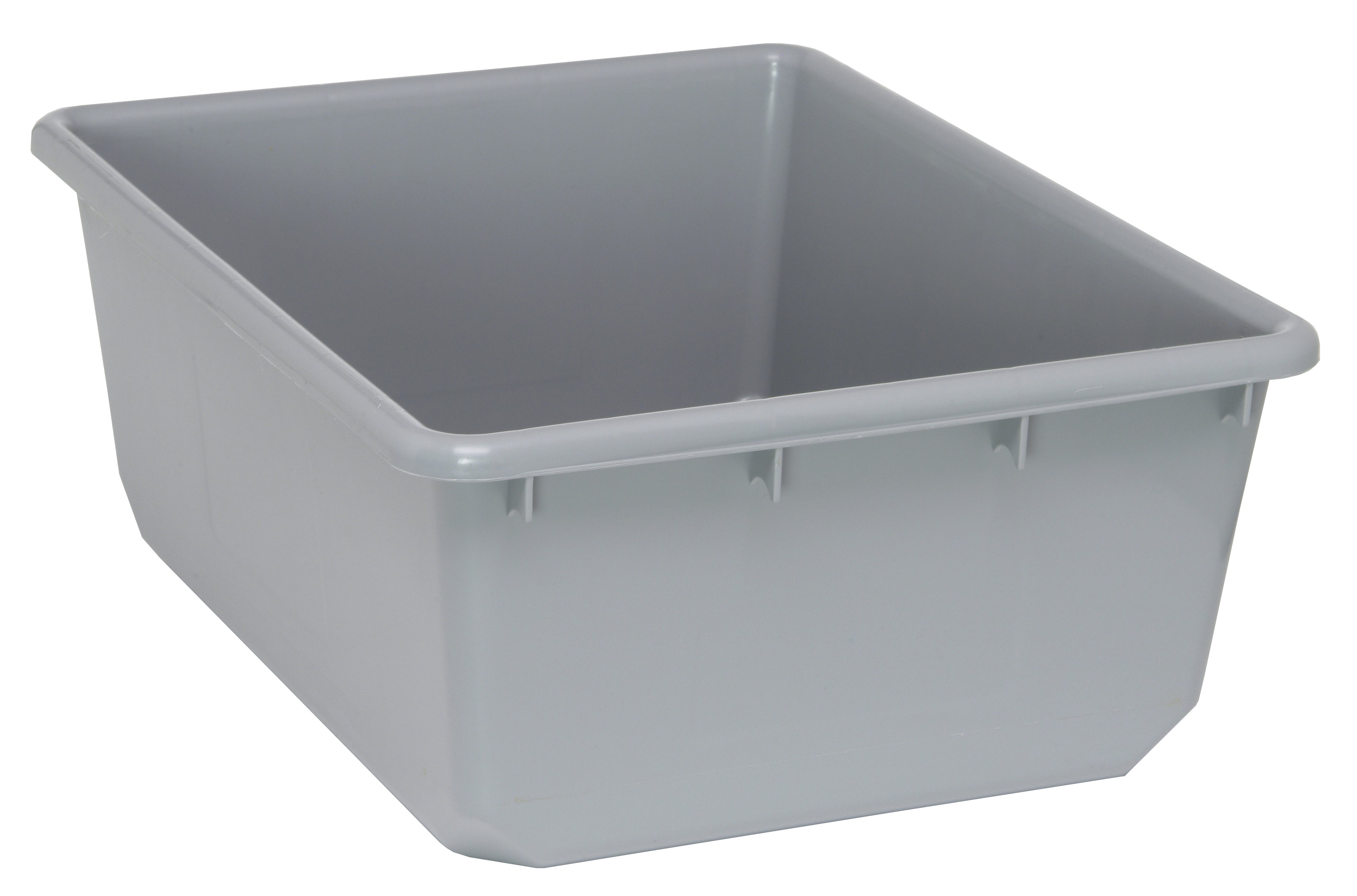 QuanTub Nesting Tote, 100 lb. weight capacity, built-in handle grips, bottom grooves for cross stacking, 1/4" drill hole pattern on bottom, polypropylene, gray, Made in USA, case of 6