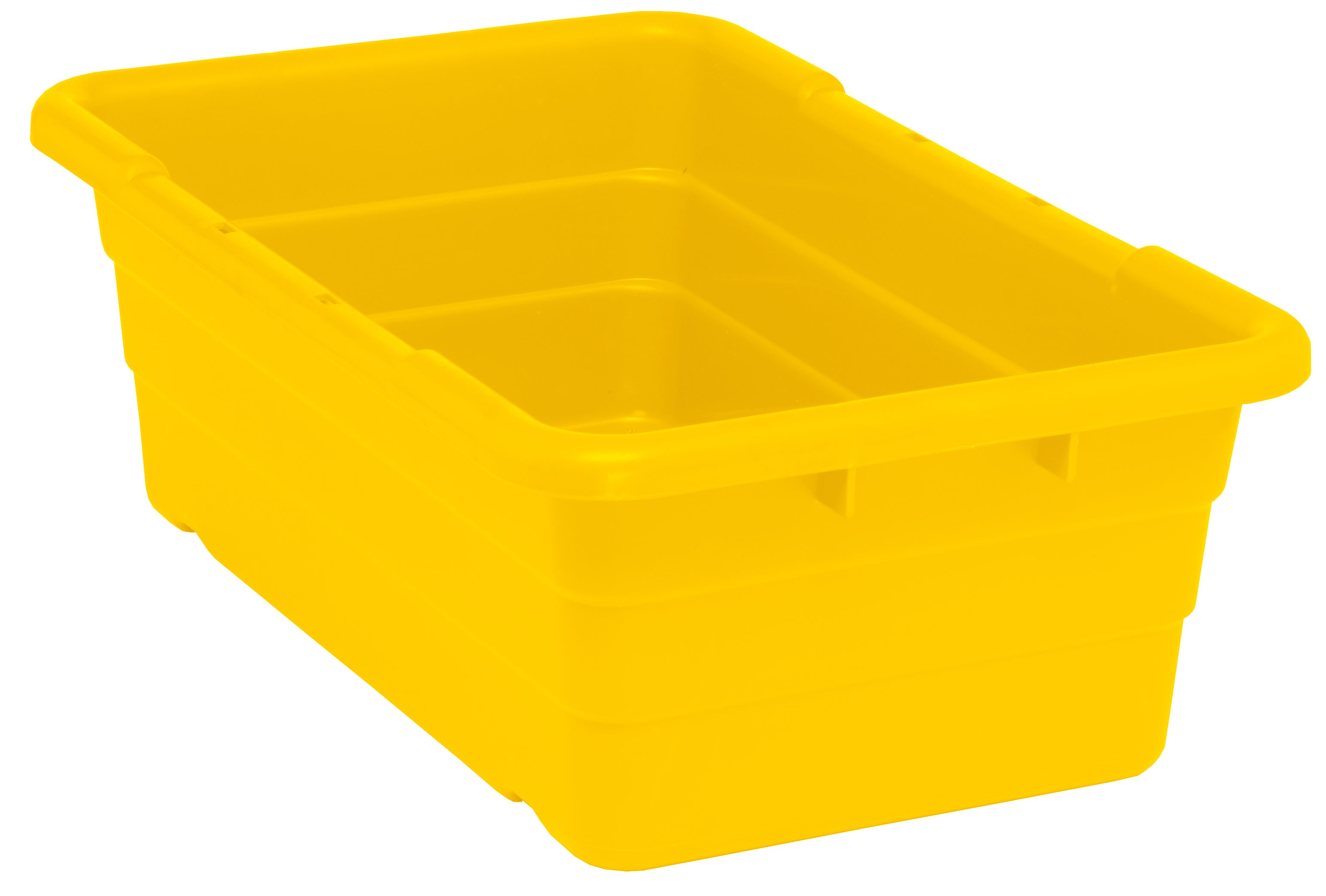 Cross Stack Tub, 5.51 gallon capacity, 100 lb. weight capacity, built-in handle grips, bottom grooves for cross stacking, 1/4" drill hole pattern on bottom, polypropylene, yellow, Made in USA, case of 6
