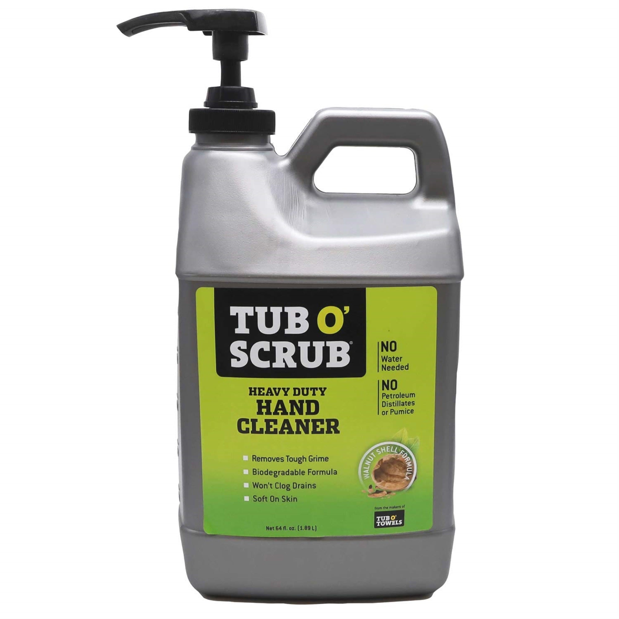 Tub O' Towels Scrub Ts64 Heavy Duty Pumice-Free Hand Cleaner, Removes Tough Grime & Dirt Without Water, Biodegradable, 64Oz Pump Jug, 1/2 Gallon